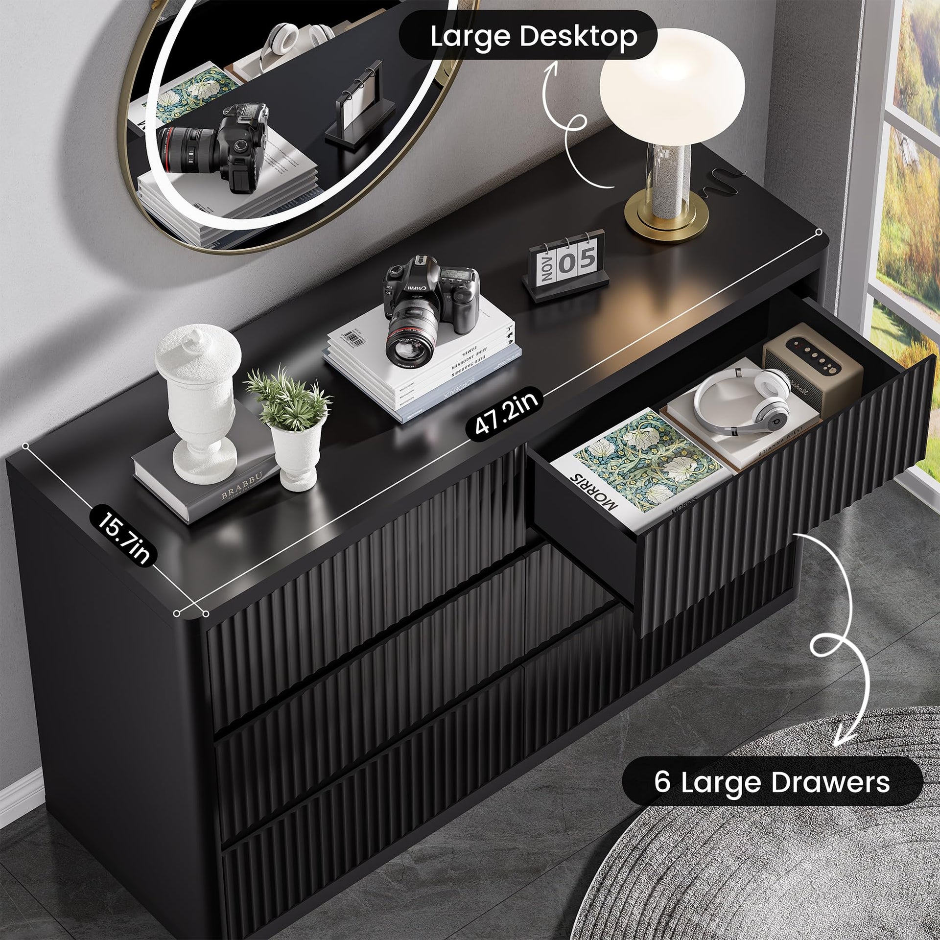 Black 6 Drawers Double Dresser
