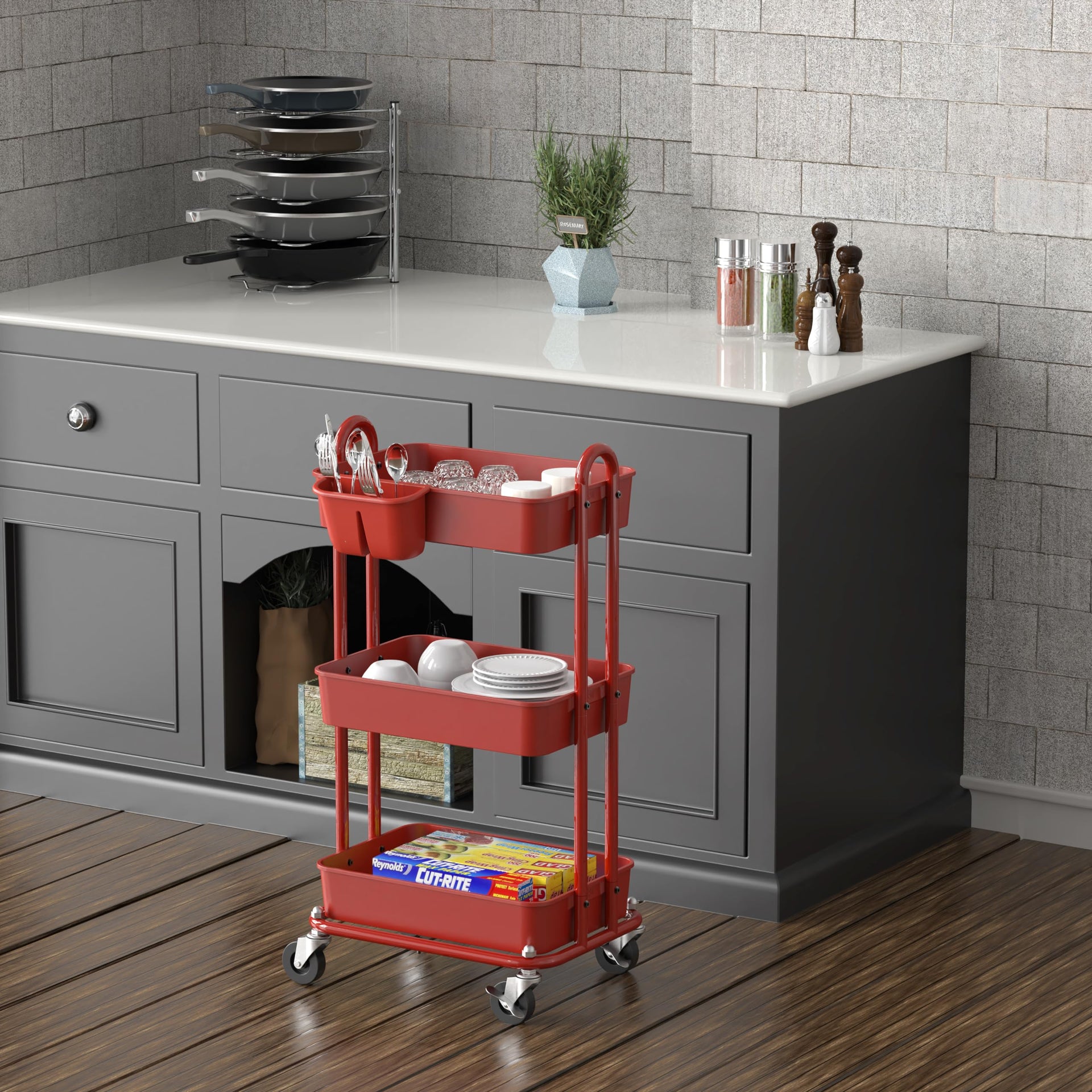 3 Tier Rolling Utility Cart with Hanging Bucket