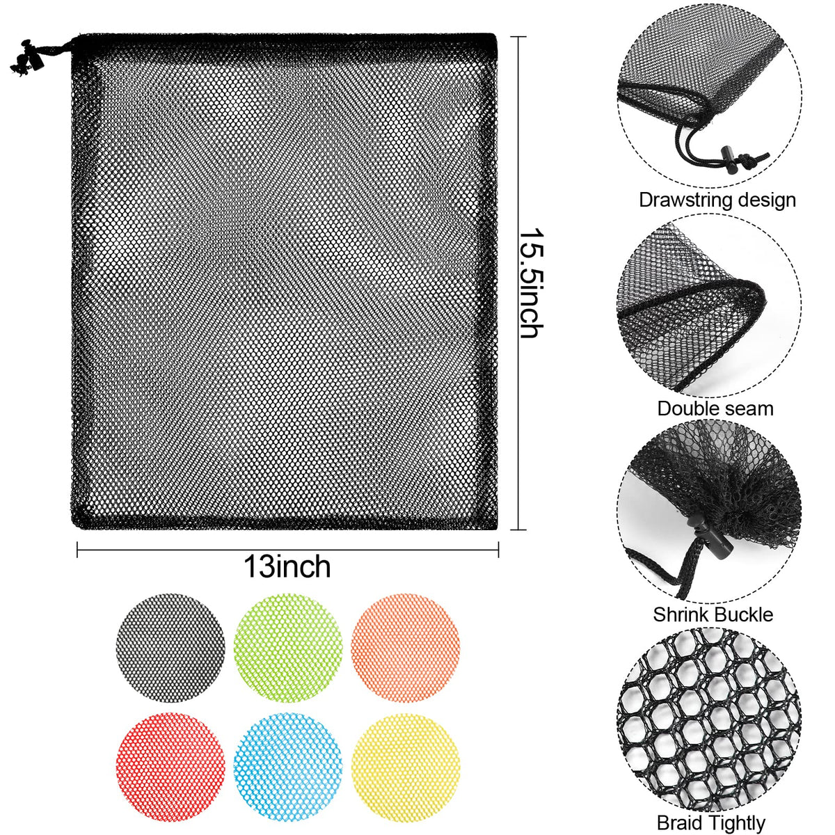 13"X15.5" 6Pcs Mesh Laundry Drawstring Bag Nylon Drawstring Gym Bag with Cord Lock Closure (6 Count)