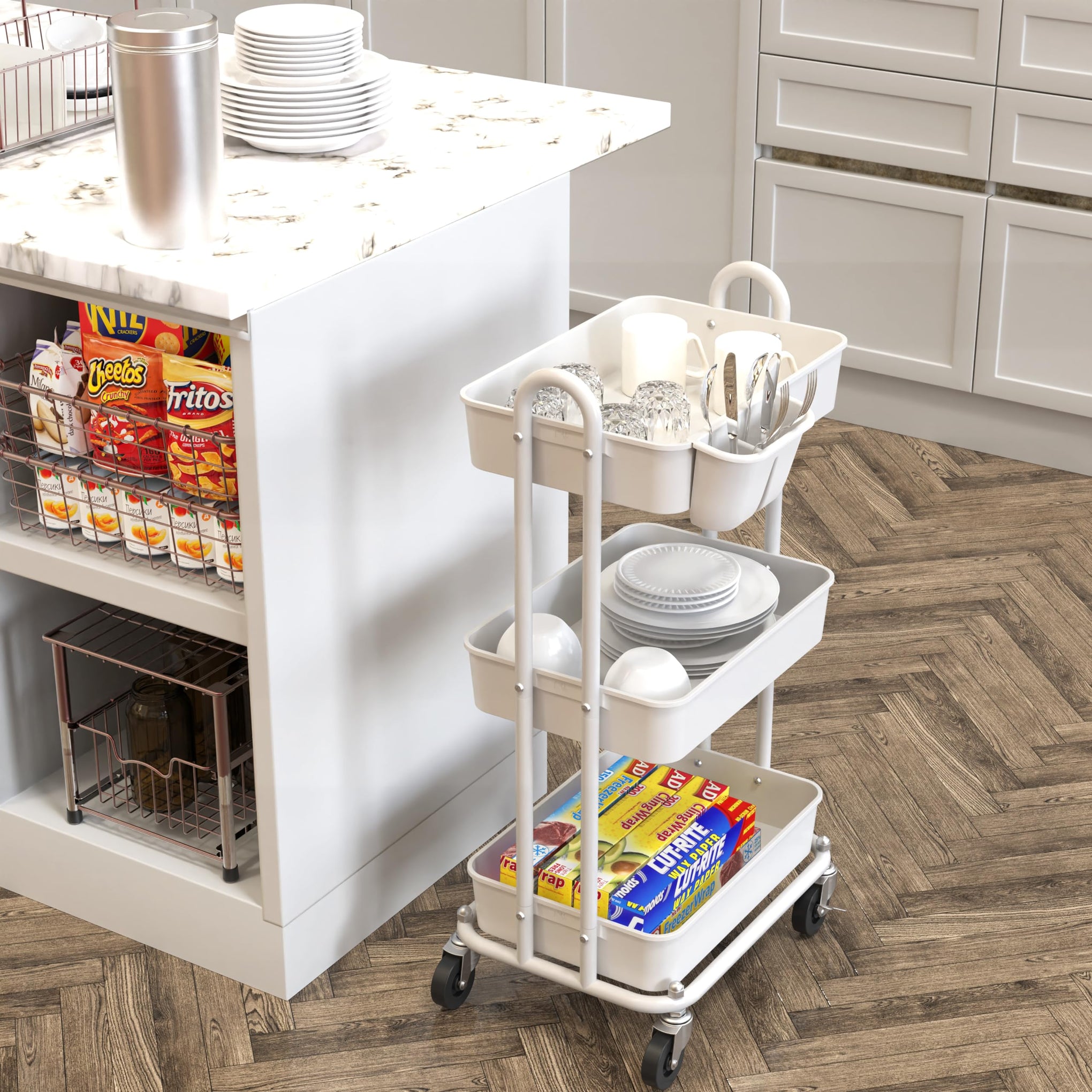 3 Tier Rolling Utility Cart with Hanging Bucket