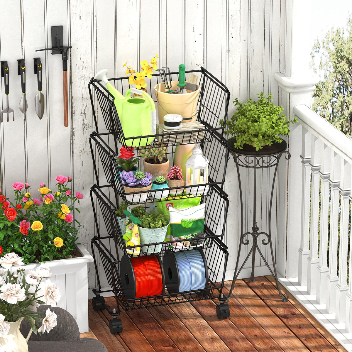 4 Tier Spacious Stackable Wire Storage Baskets with Wheels