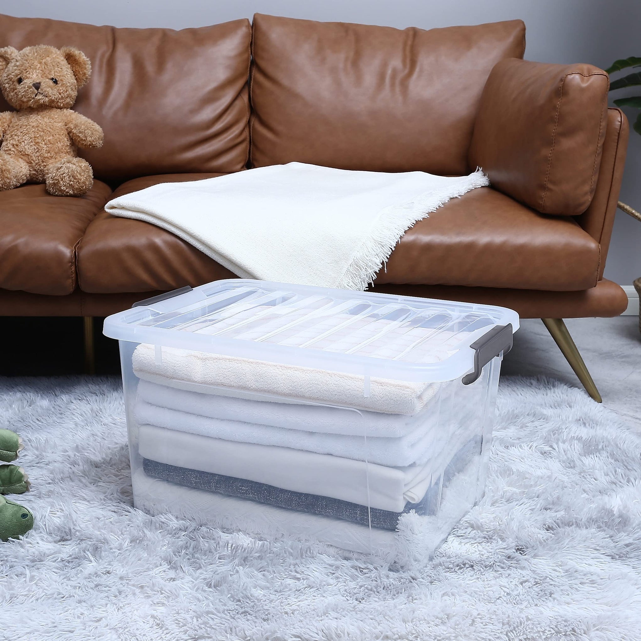 44.4 QT Plastic Storage Bins with Latching Lids Stackable Storage Containers for Organizing Large Clear Storage Box for Garage (4 Count)