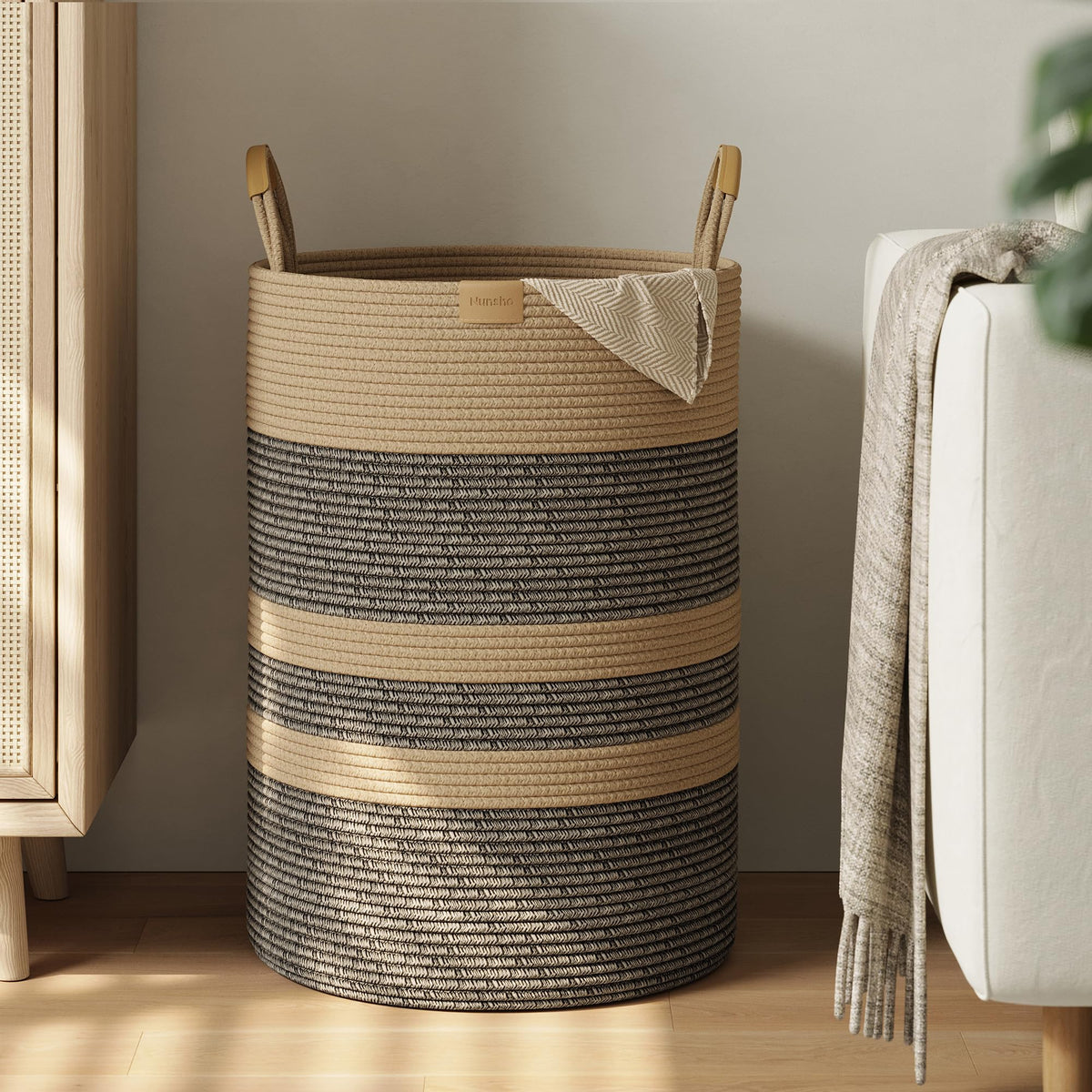 95L Striped Laundry Hamper with Leather Handles
