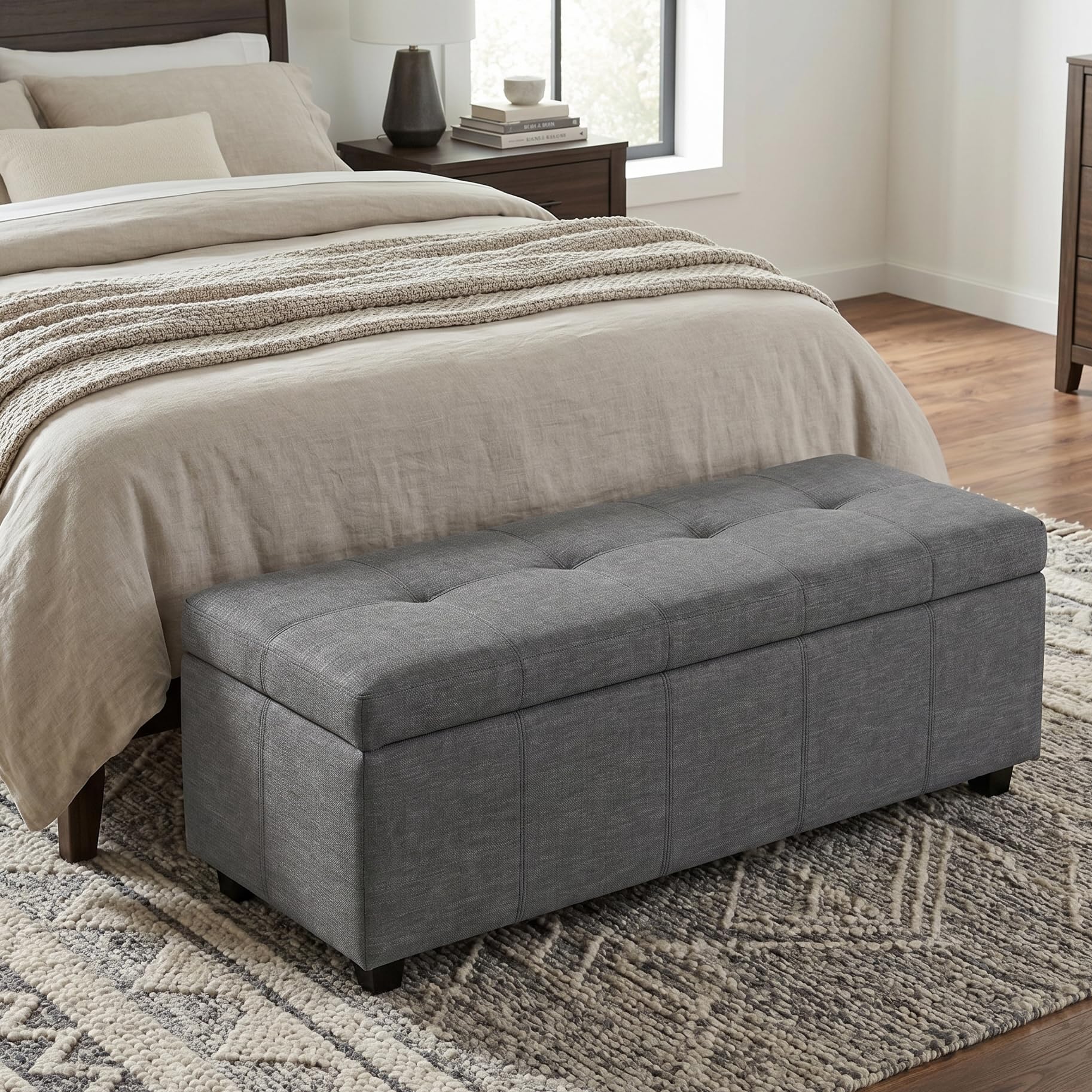 Avalon 48" Wide Linen Look Fabric Storage Ottoman in Slate Grey