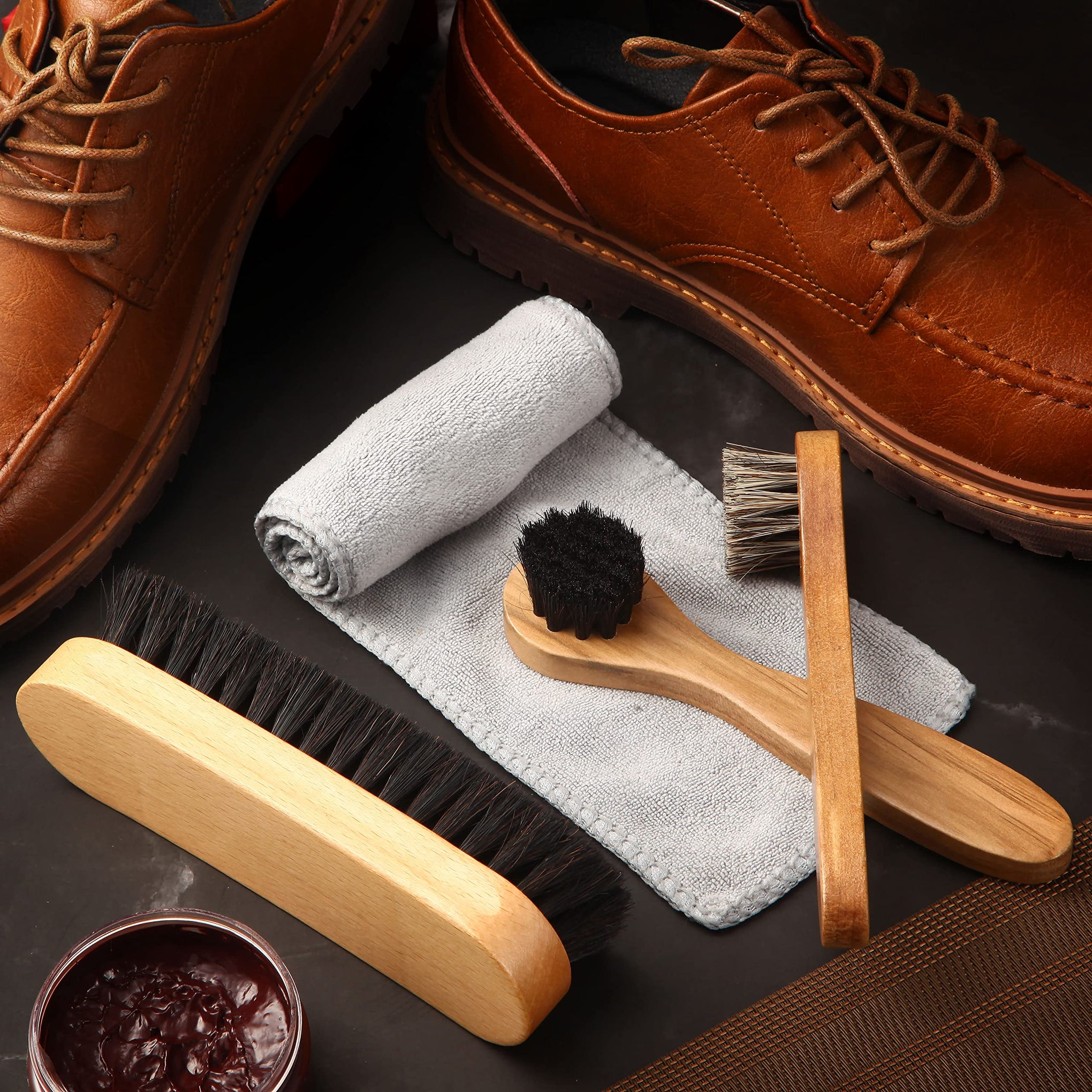 4 Pcs Horsehair Shine Shoes Brush Kit Polish Dauber Applicators Cleaning Leather Shoes Boots Care Brushes Suede Cleaner Brush with Microfiber Shoe Cloth (3 Count)