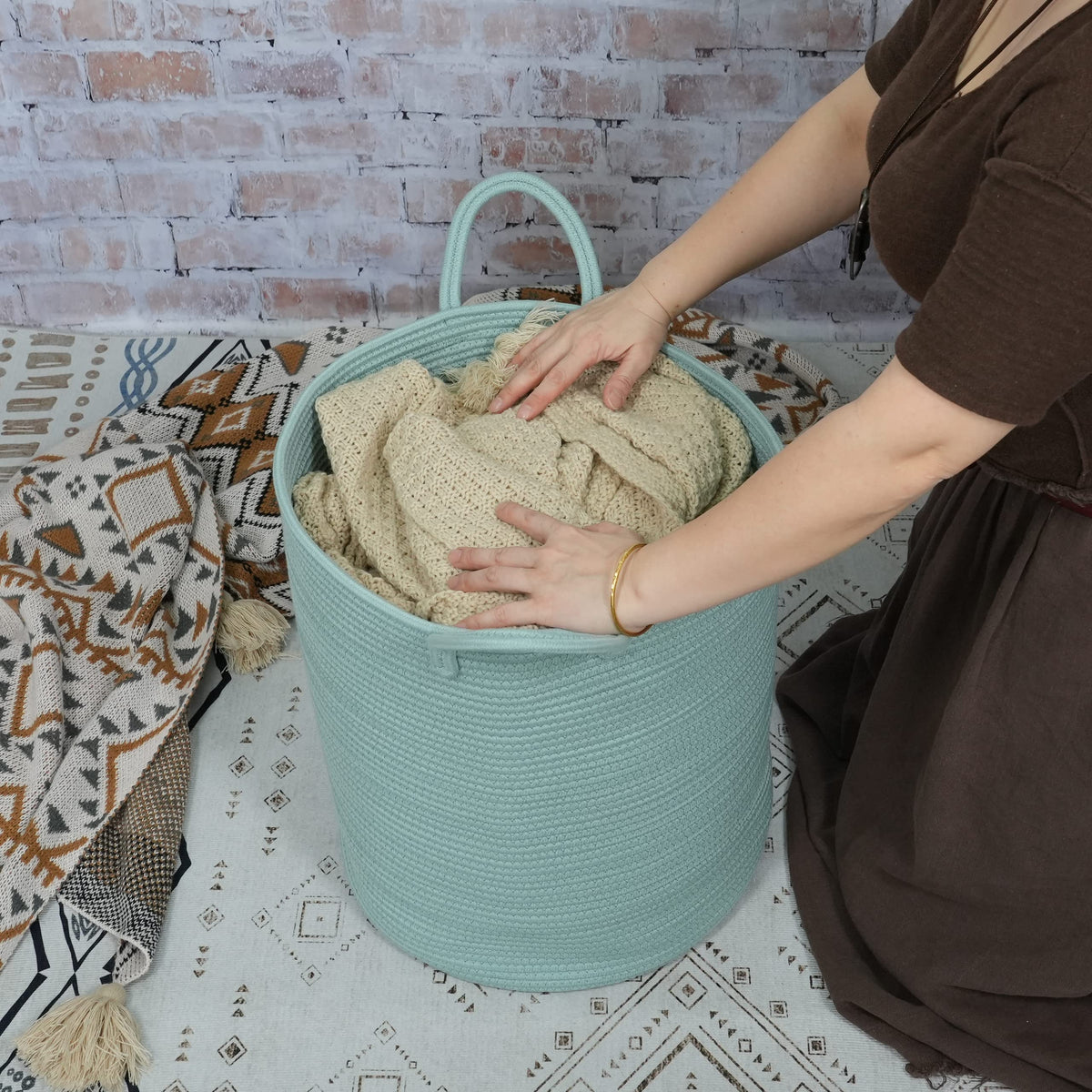 Cotton Rope Laundry Basket Hamper for Clothes Large Light Green