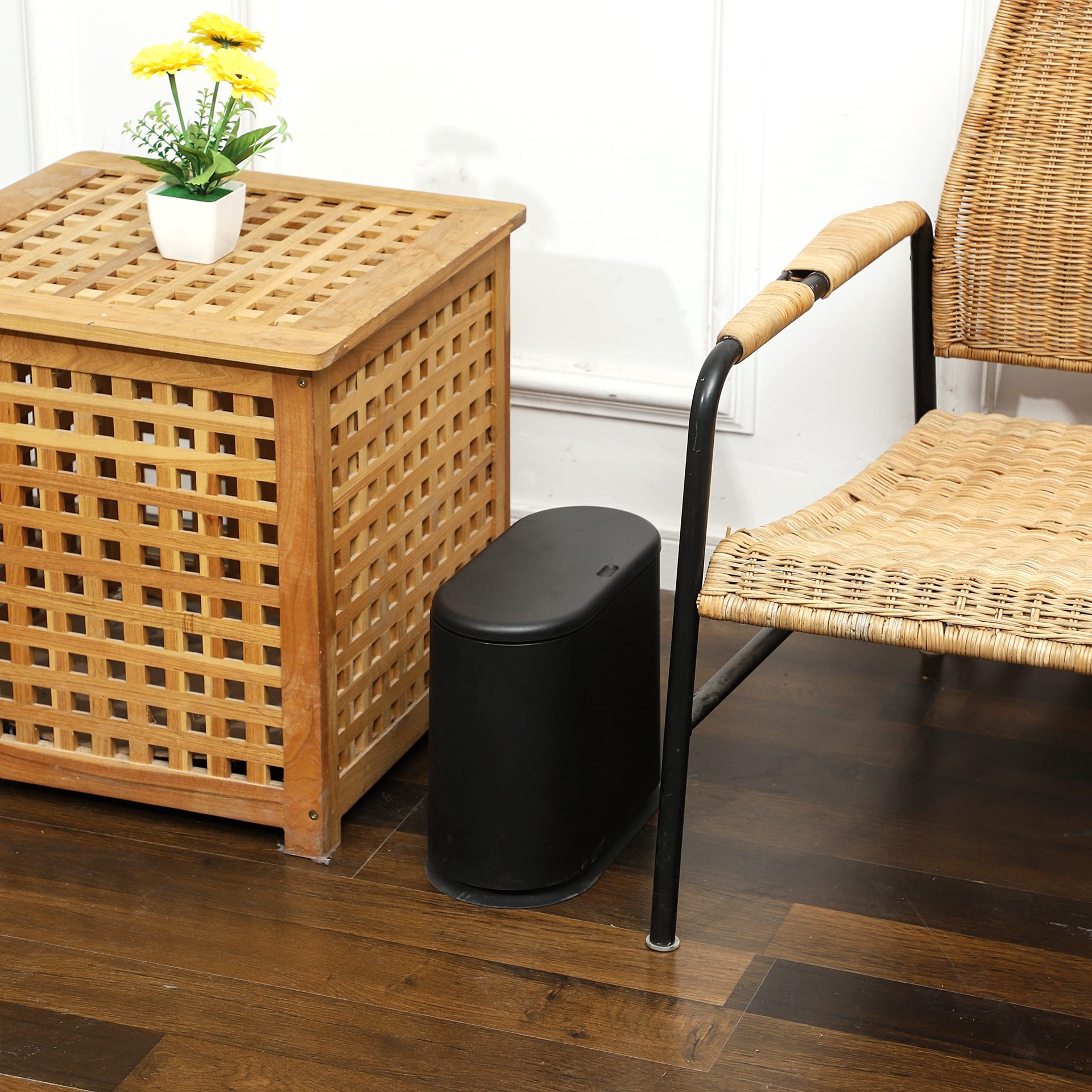 Black Slim Bathroom Trash Can with Press Top Lid