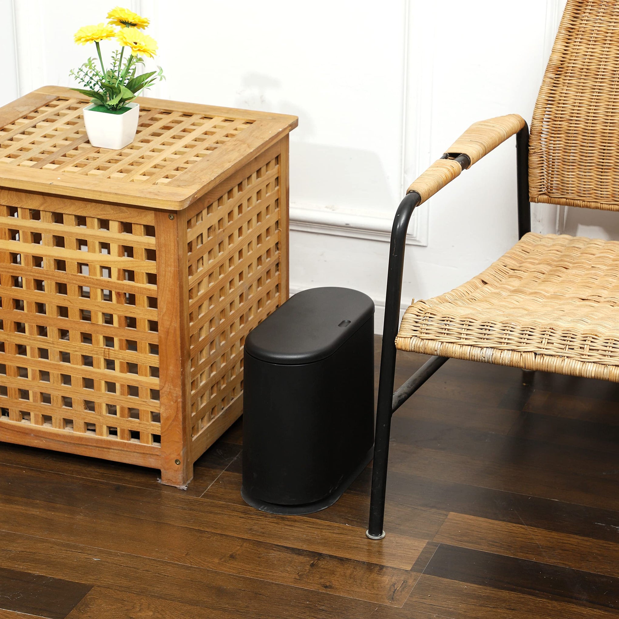 Black Slim Bathroom Trash Can with Press Top Lid