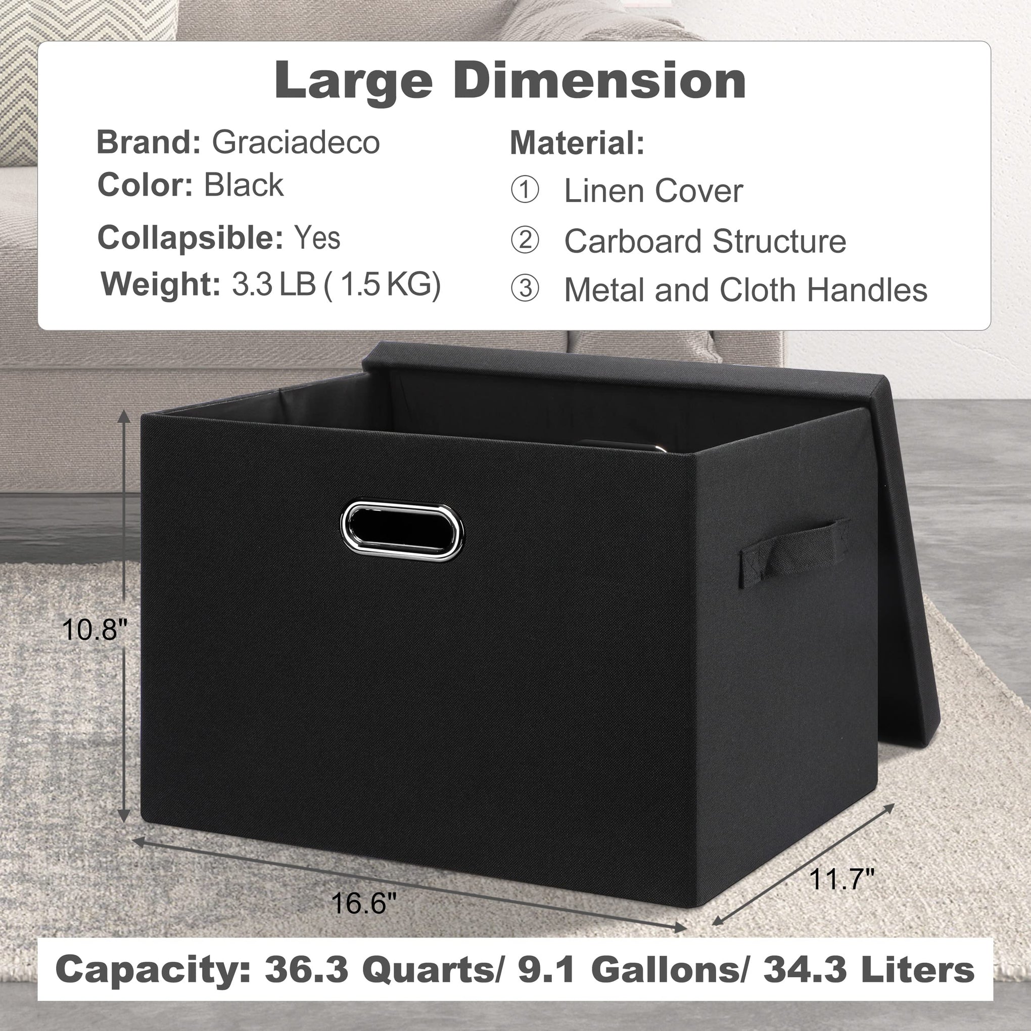 Large 17" 36 Quart Collapsible Stackable Storage Bins with Lids (3 Count)