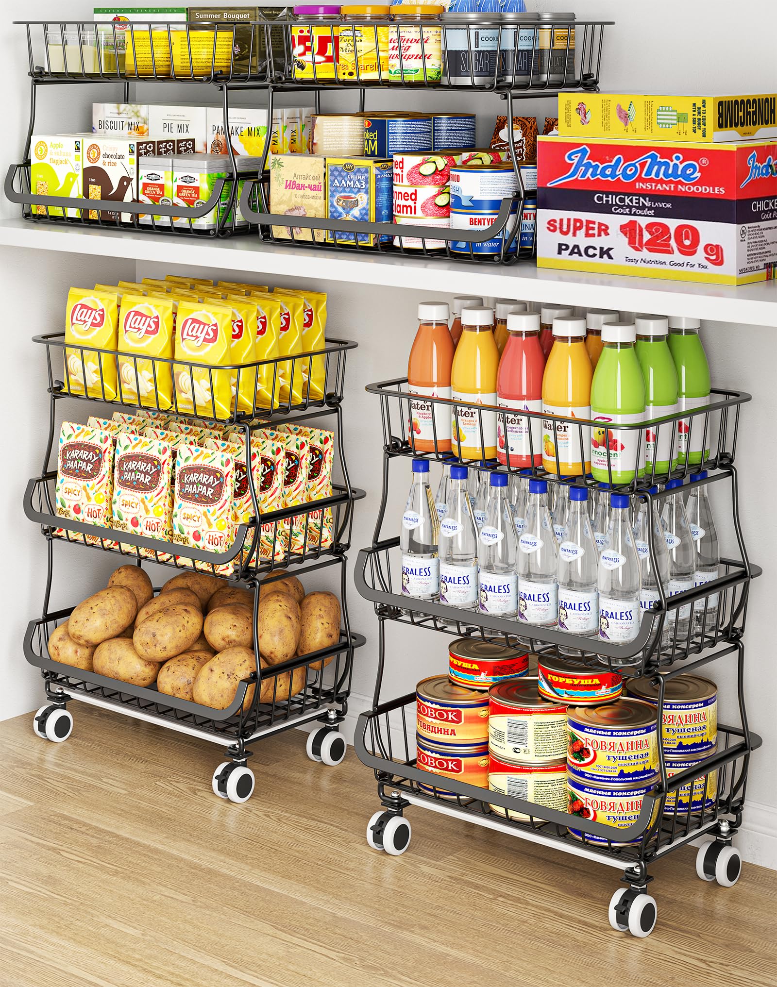 3 Tier Rolling Pantry Floor Organizers and Storage Cart with Wheels (3 Count)