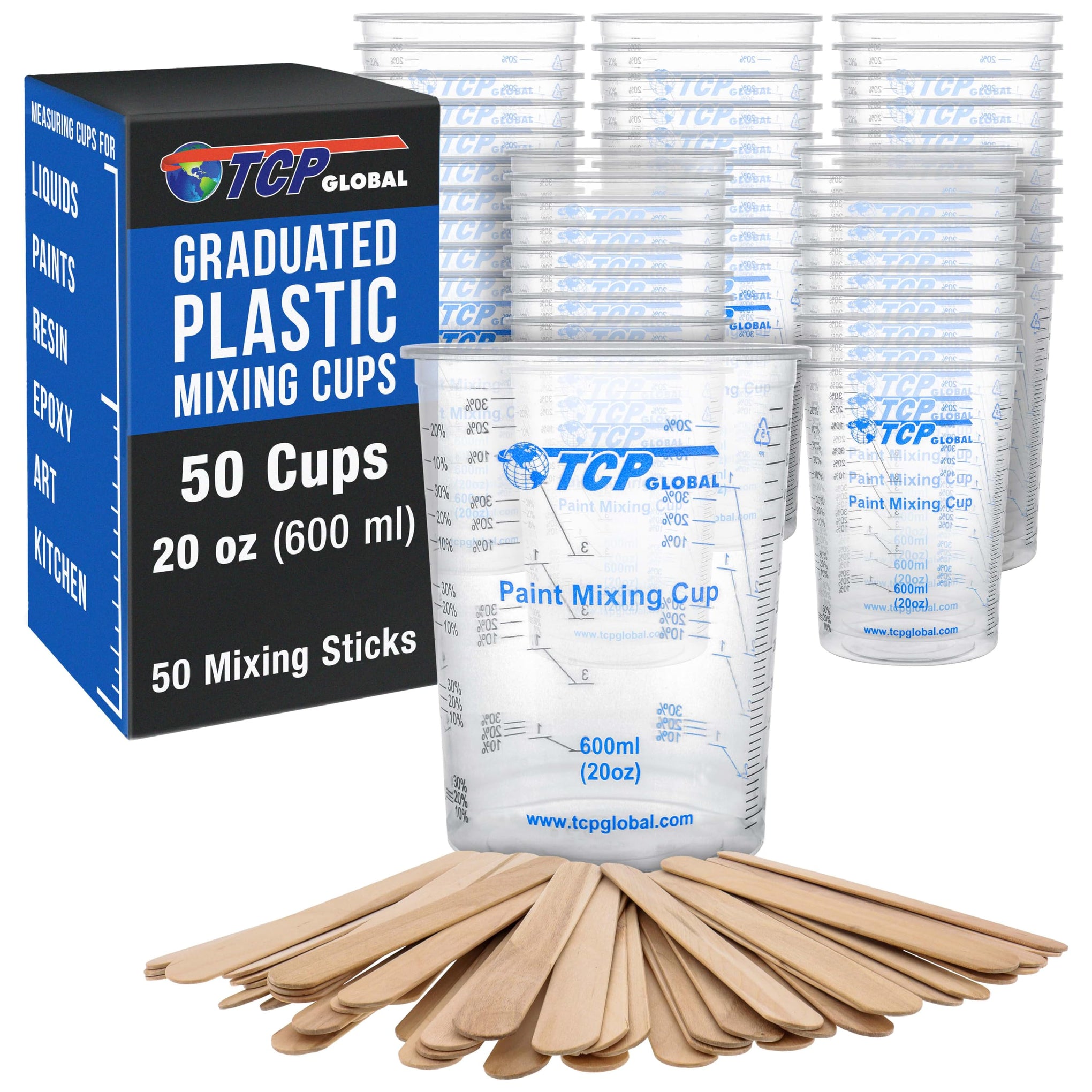 20 oz. (600ml) Graduated Plastic Mixing Cups - Box of 50 with 50 Mixing Sticks - Disposable Plastic Measuring Cups for Liquids, Paints, Resin, Epoxy, Art, Kitchen - Ratios 2-1, 3-1, 4-1 ML