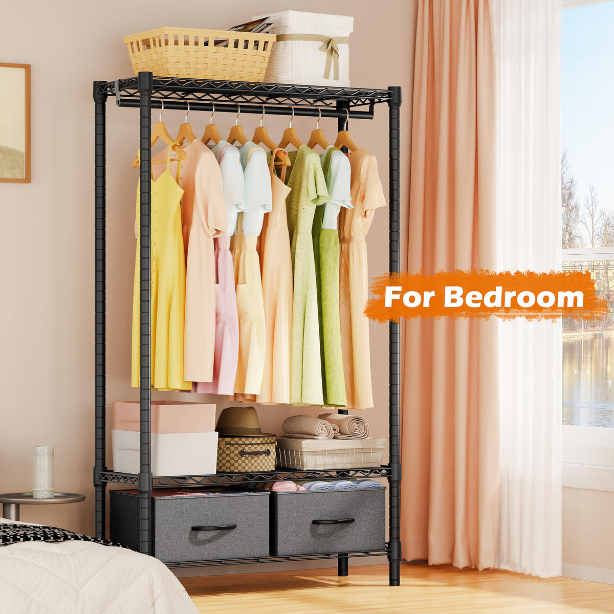Heavy Duty Rolling Garment Rack 3 Tiers Adjustable Wire Shelving with Rod