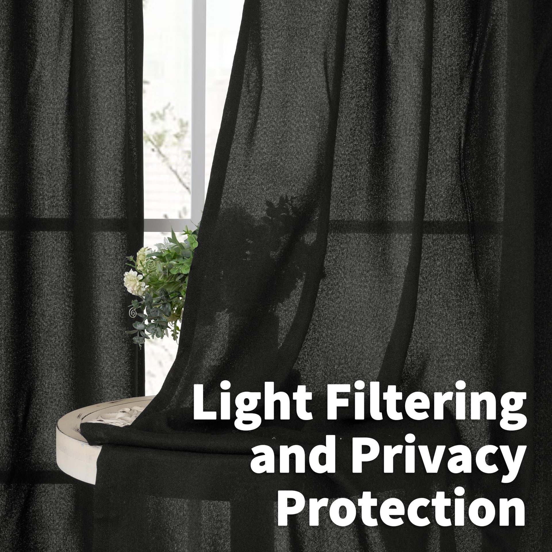 Black Linen Semi Sheer Curtains 90 Inch Length for Living Room (2 Count)