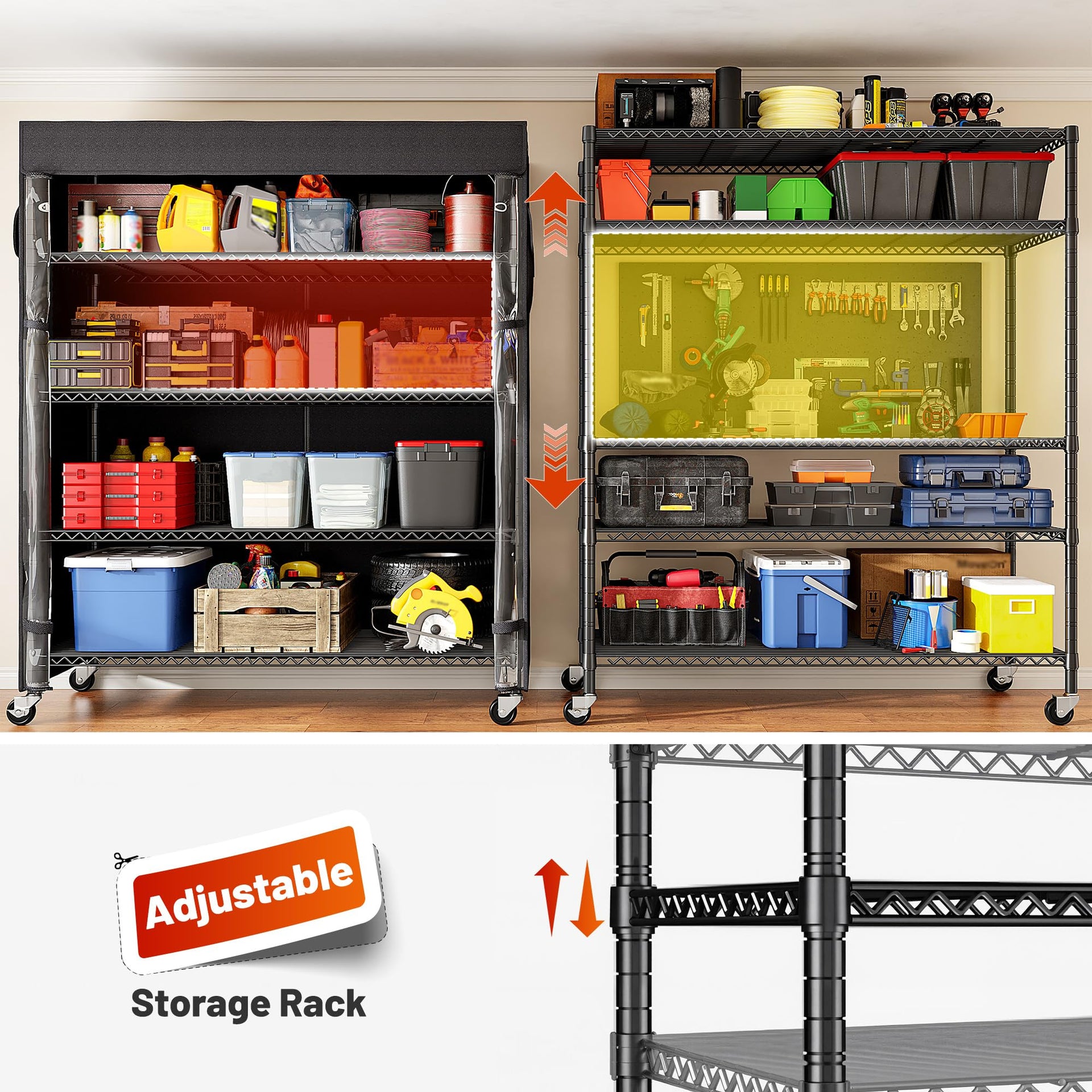45"W 5 Tier Storage Shelves with Cover & Wheels
