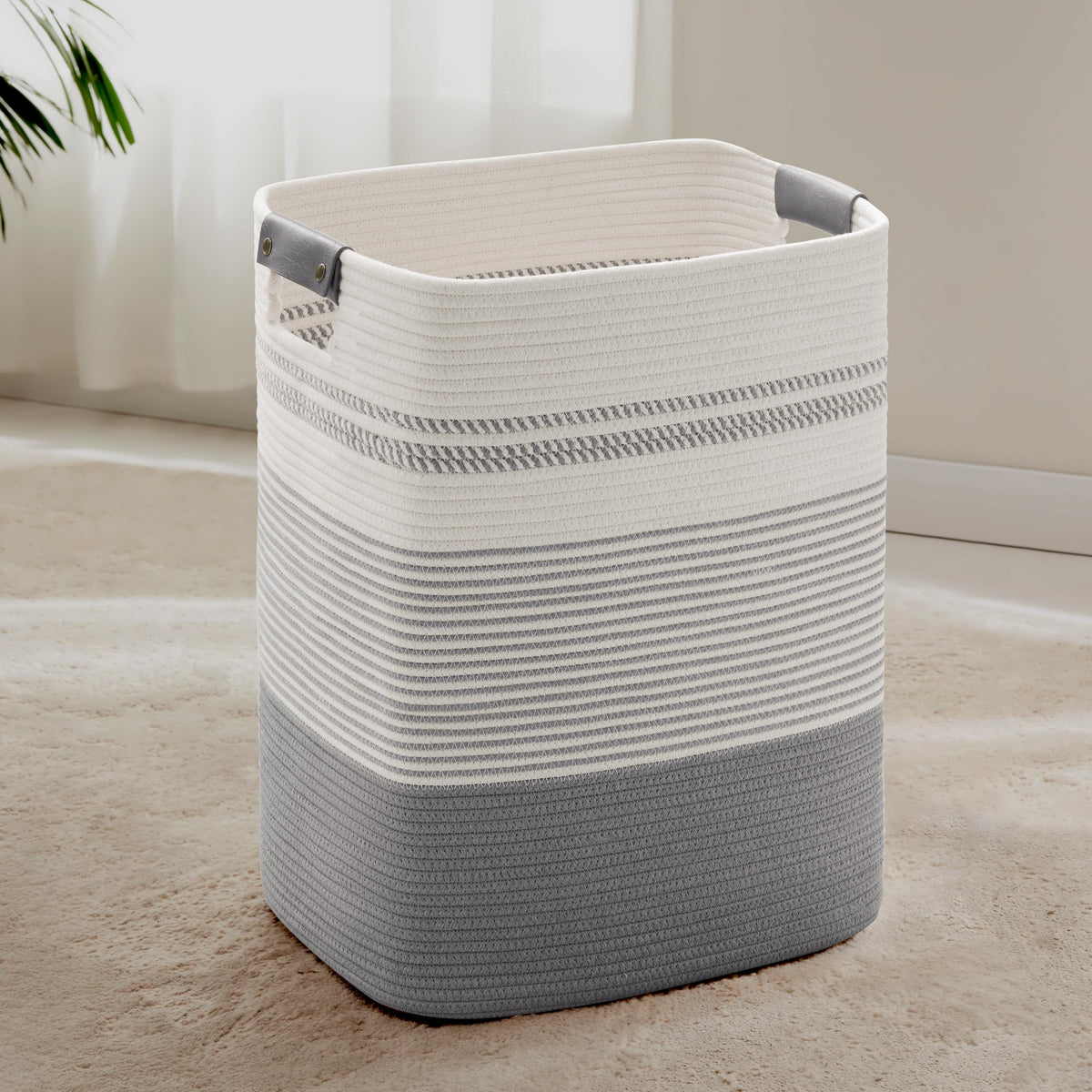 85L Tall Woven Laundry Basket Hamper with Leather Handles