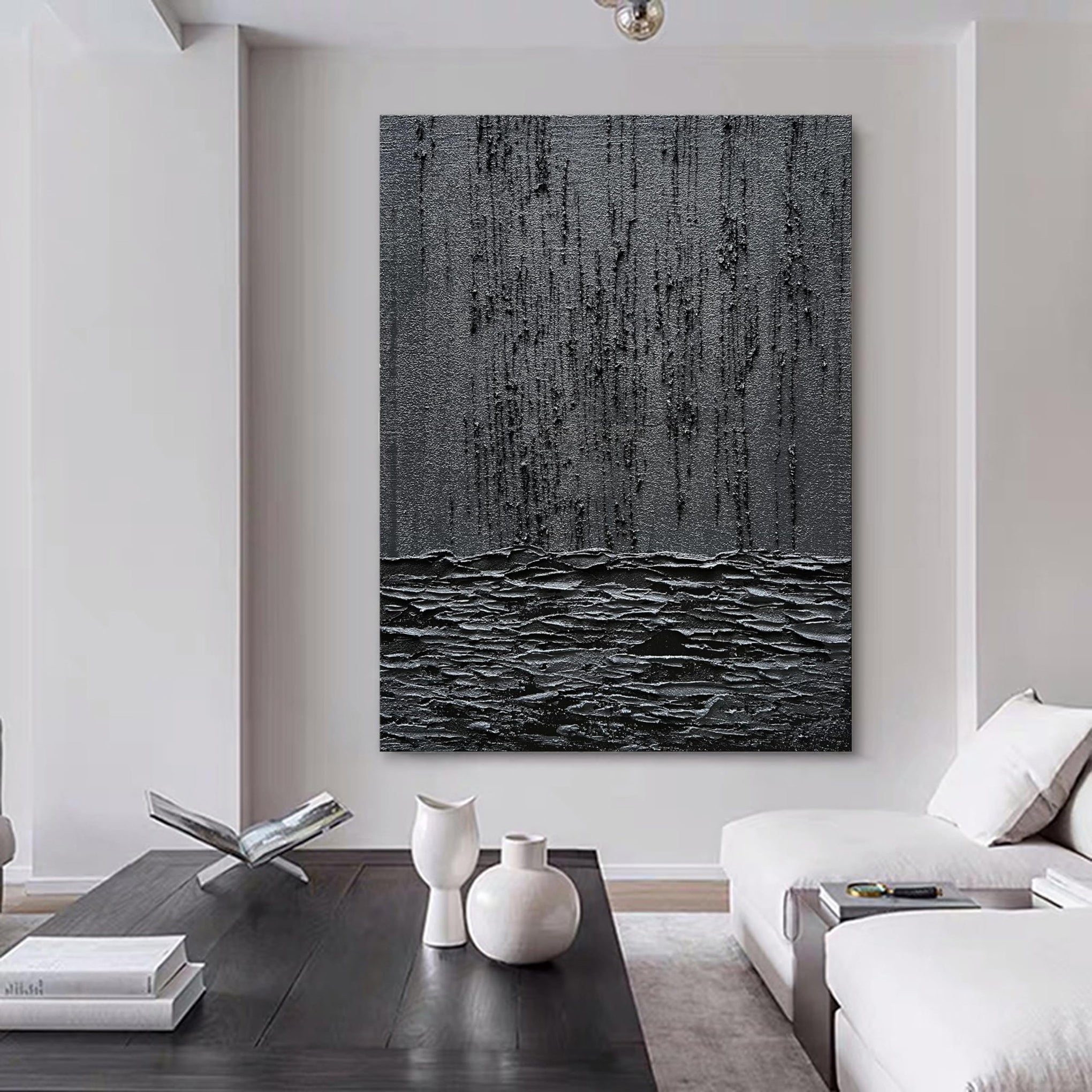 Art Hand Painted Thick Texture Black Minimalist Oil Painting 45x30 Inch Wall Decorative Art
