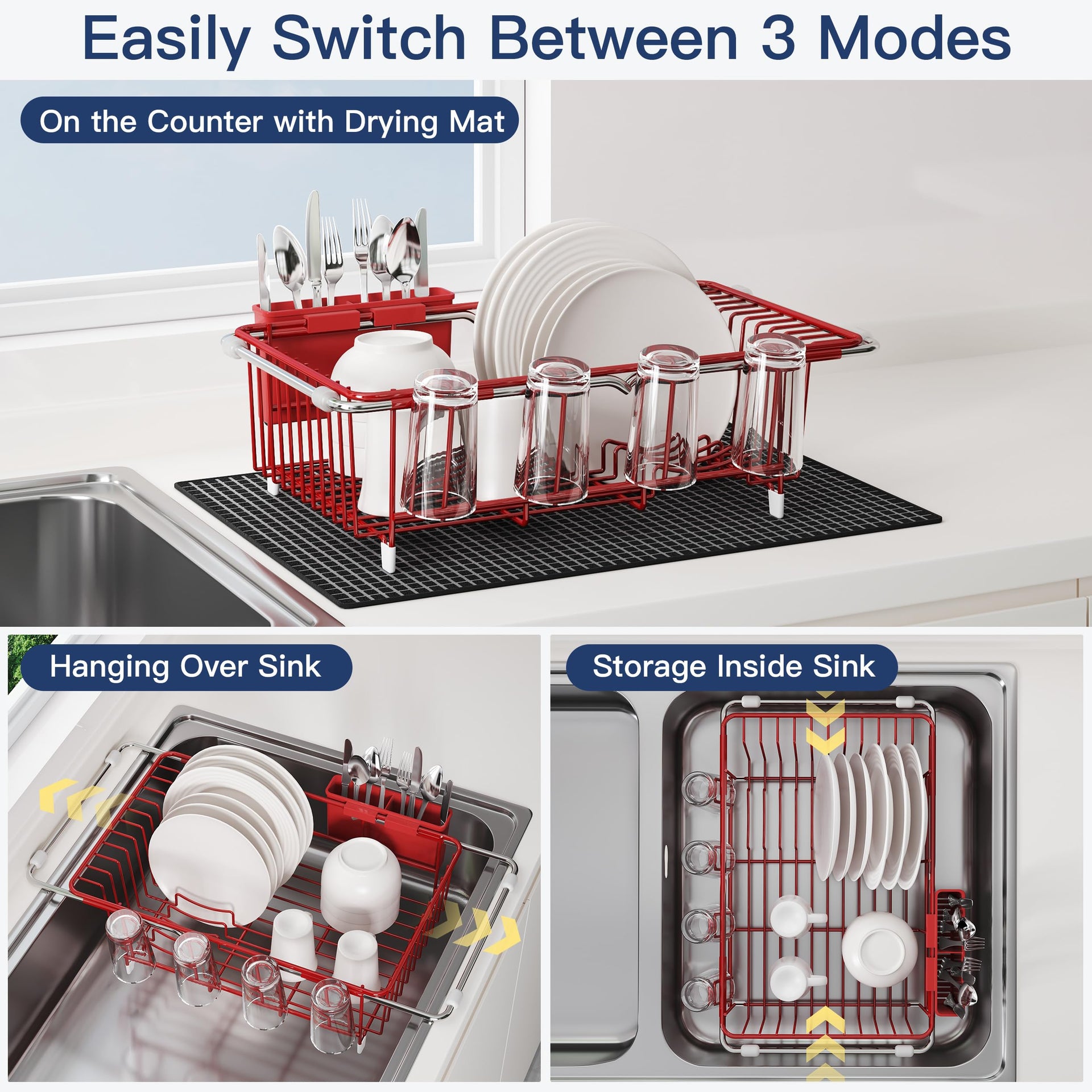 Red Dish Drying Rack in Sink with Mat