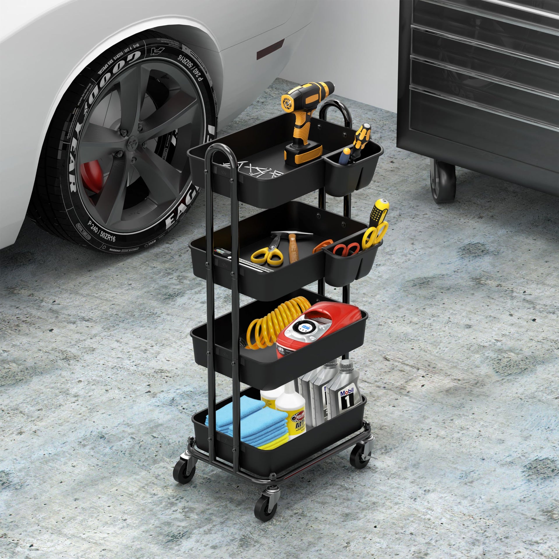 4 Tier Rolling Utility Cart with Hanging Bucket