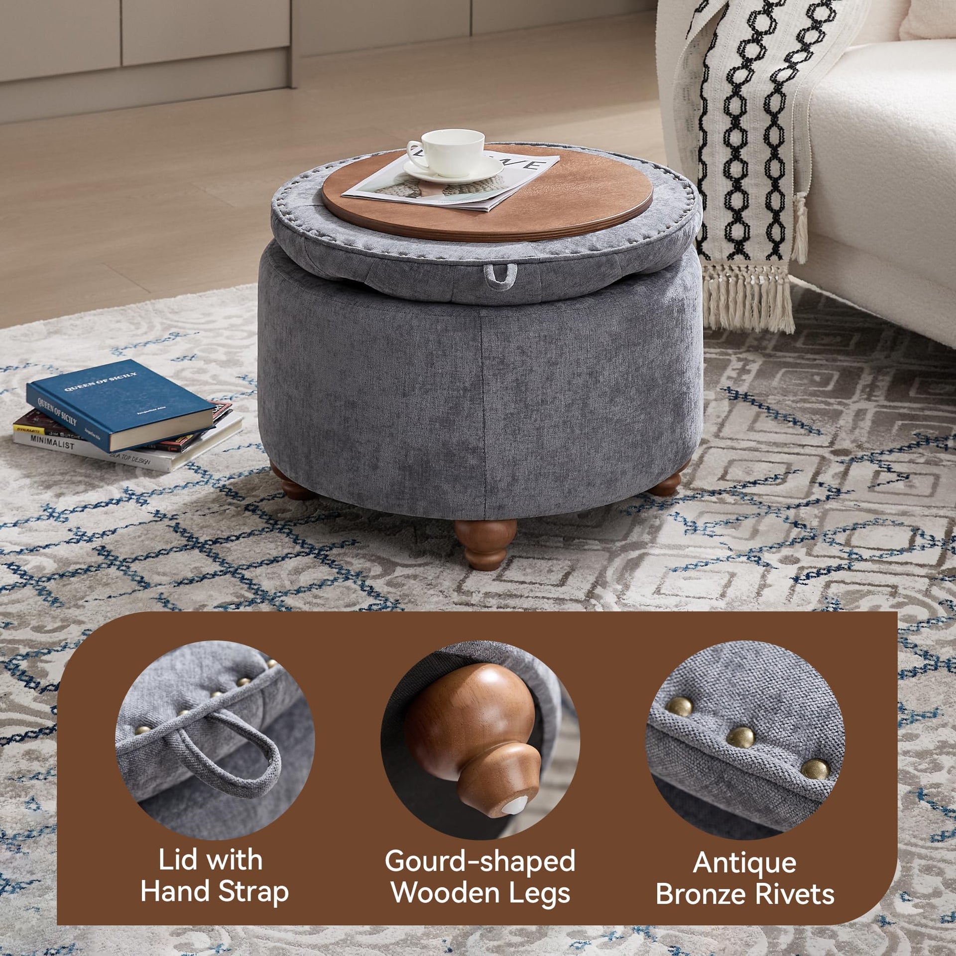 24Inch Round Storage Ottoman with Tray