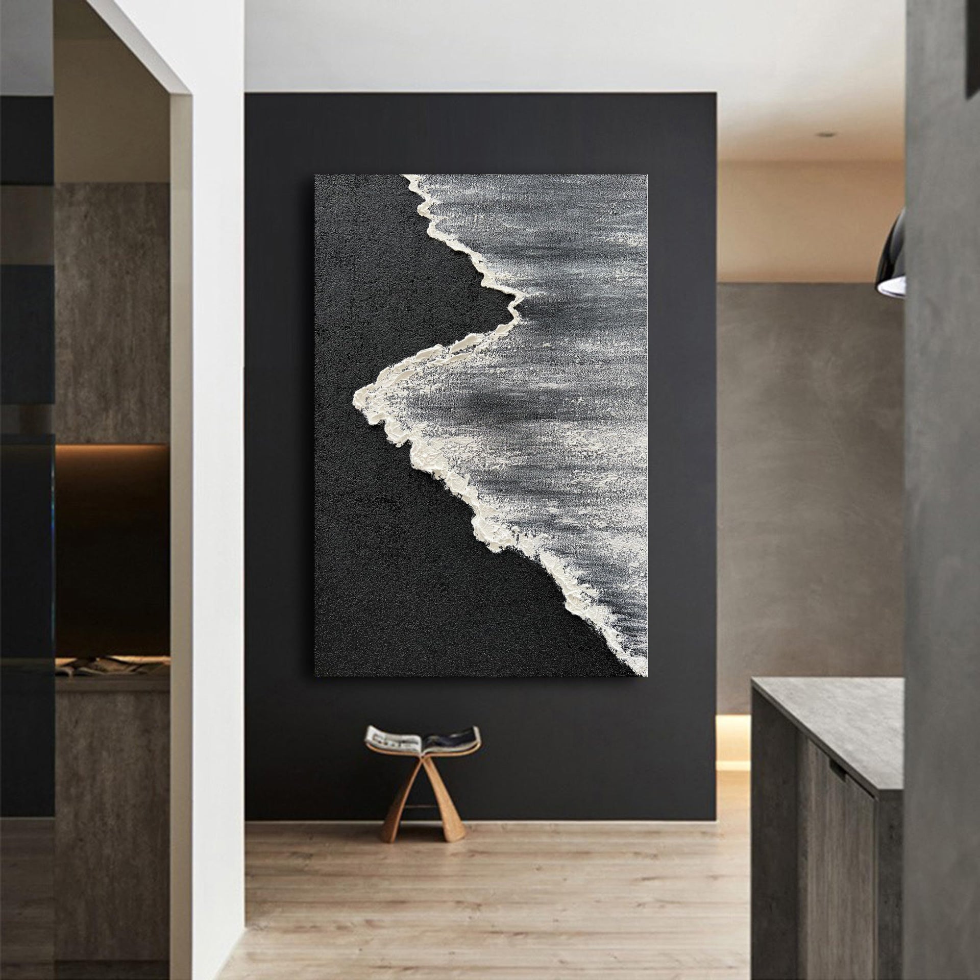 Art Hand Painted 3D Ocean Landscape Oil Painting Black and White Abstract Canvas Art Mural Family Wall Decoration Art 45x30 inches