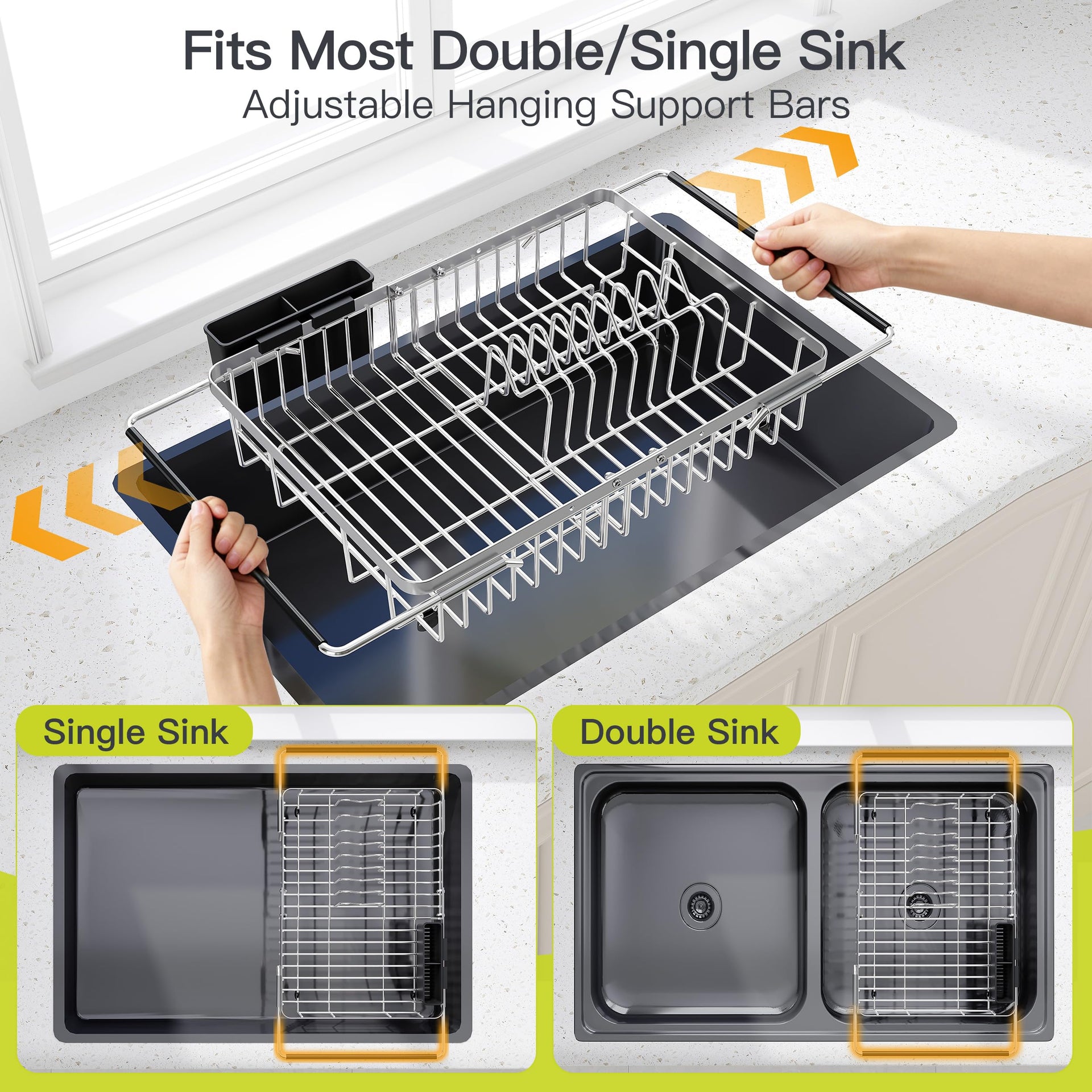 Expandable Dish Drying Rack Over the Sink with Utensil Holder