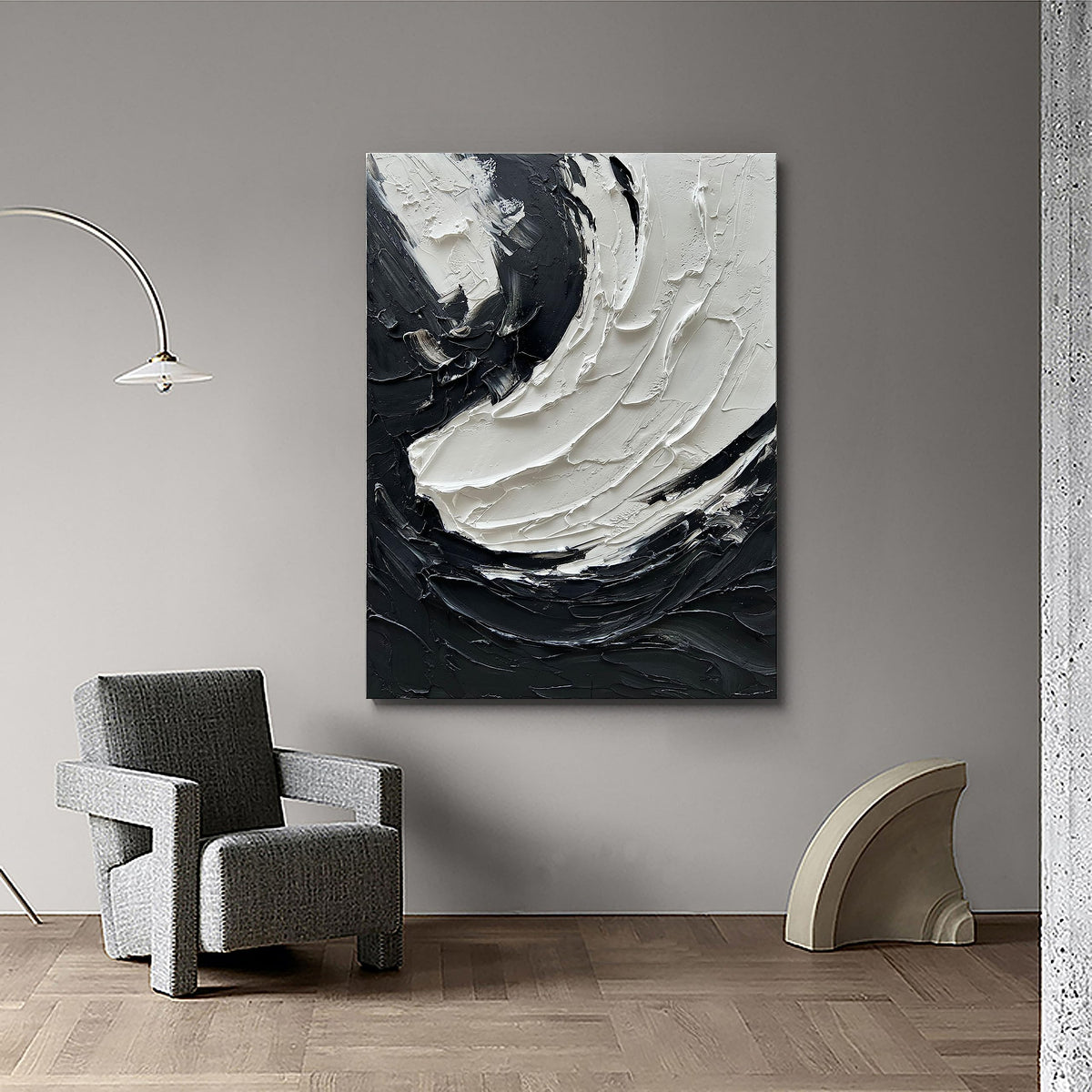 Art Minimalist Style Black and White Abstract Oil Painting. Pure Hand