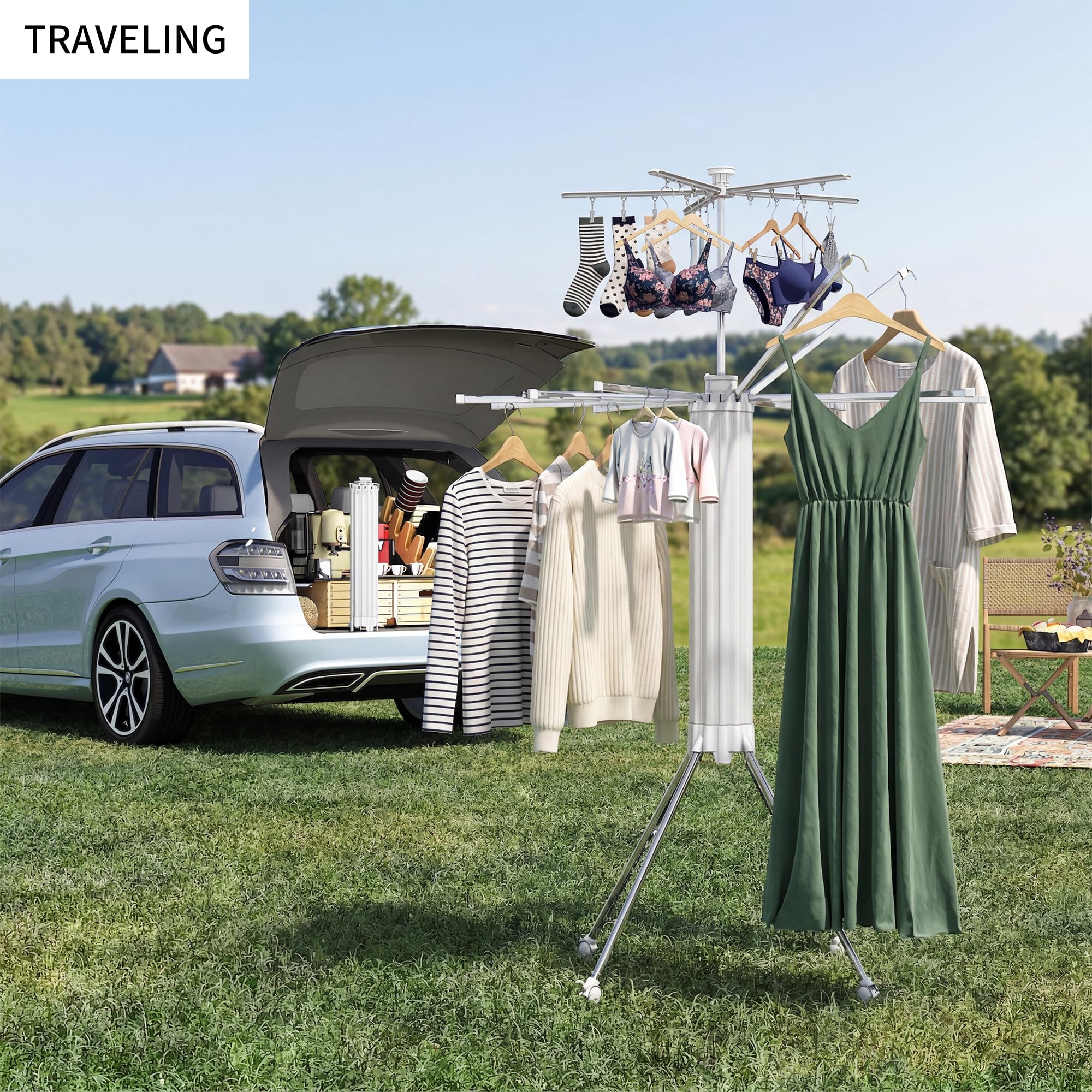 Foldable Clothes Drying Rack Aluminum 4 Legs 16 Rods Double Layer