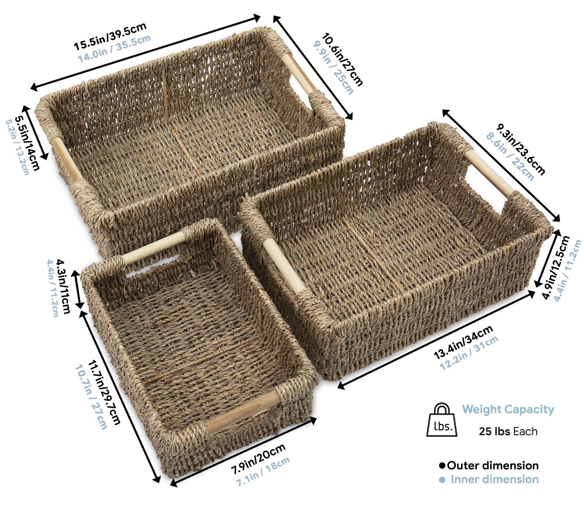 Seagrass Baskets with Wooden Handles (3 Count)