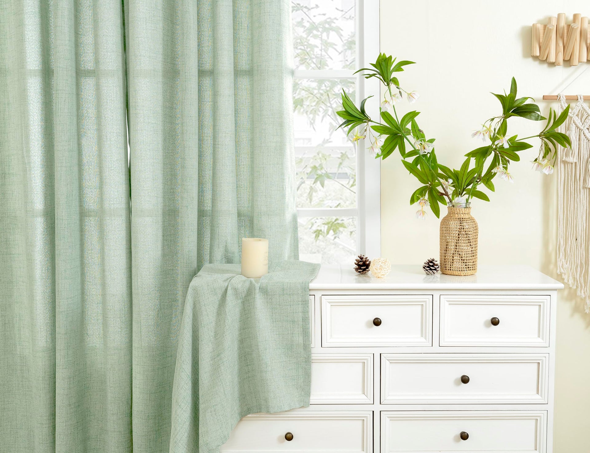 Sage Green Linen Semi Sheer Curtains 40 Inch Length for Kitchen Window (2 Count)
