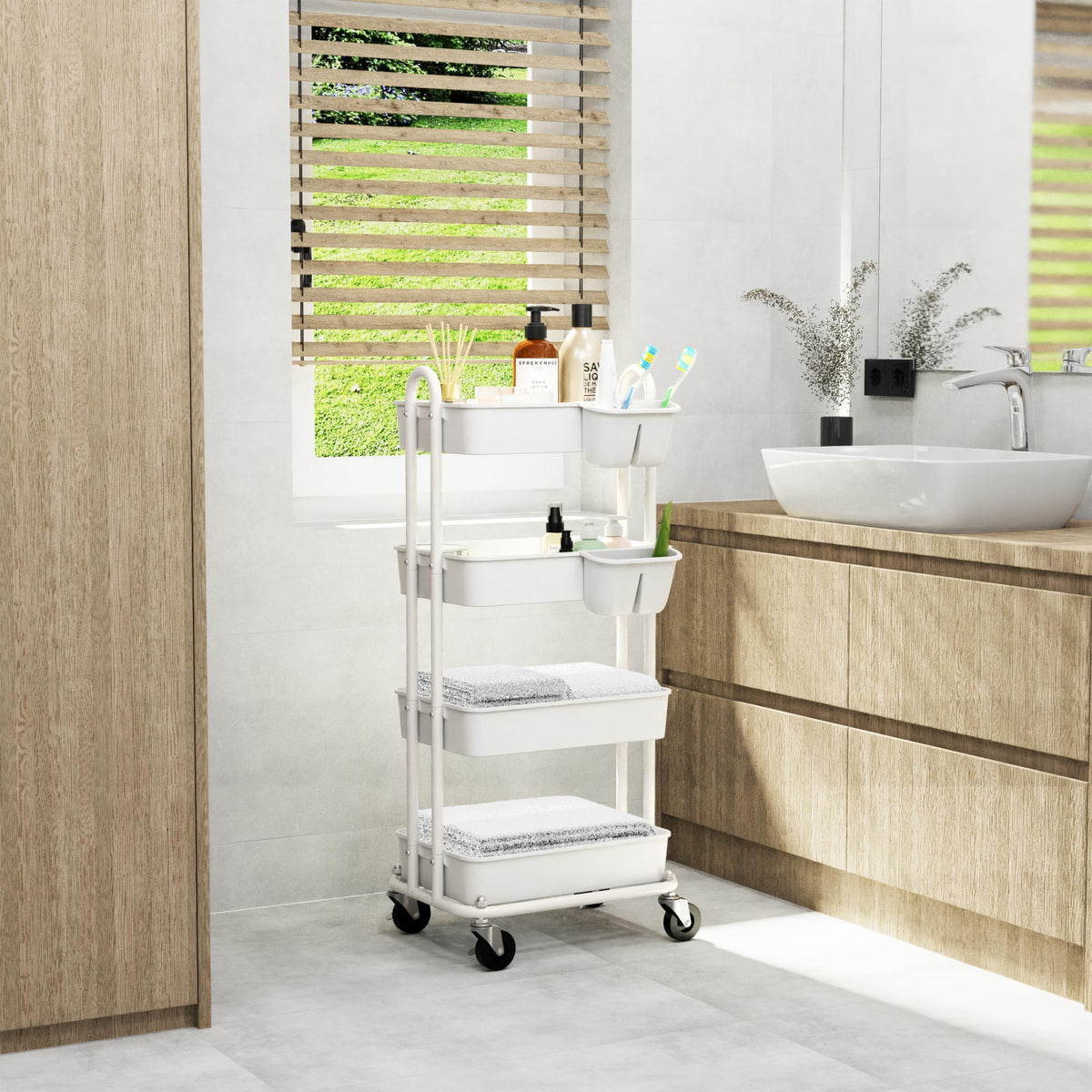 4 Tier Rolling Utility Cart with Hanging Bucket