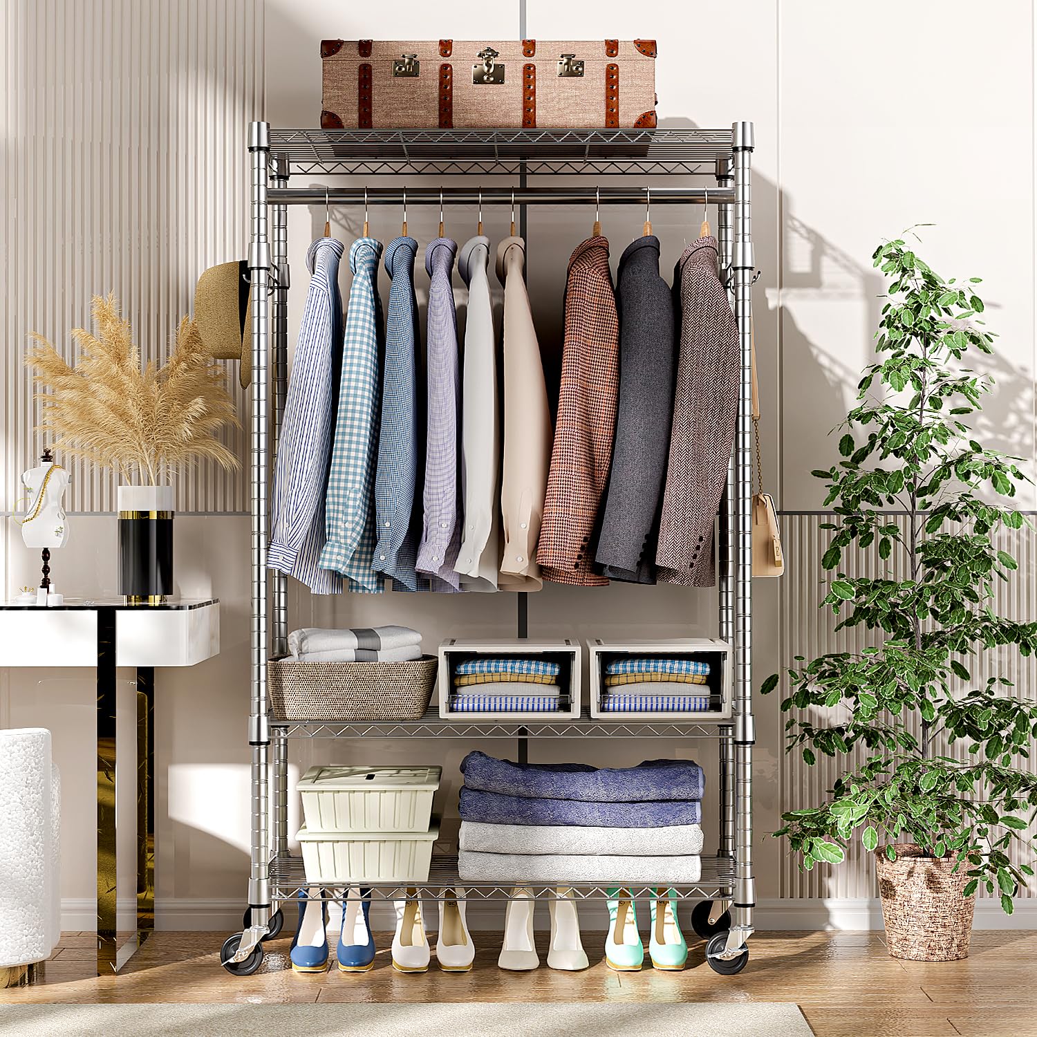 Heavy Duty Rolling Garment Rack 3 Tiers Adjustable Wire Shelving Clothes Rack with Rods and Side Hooks