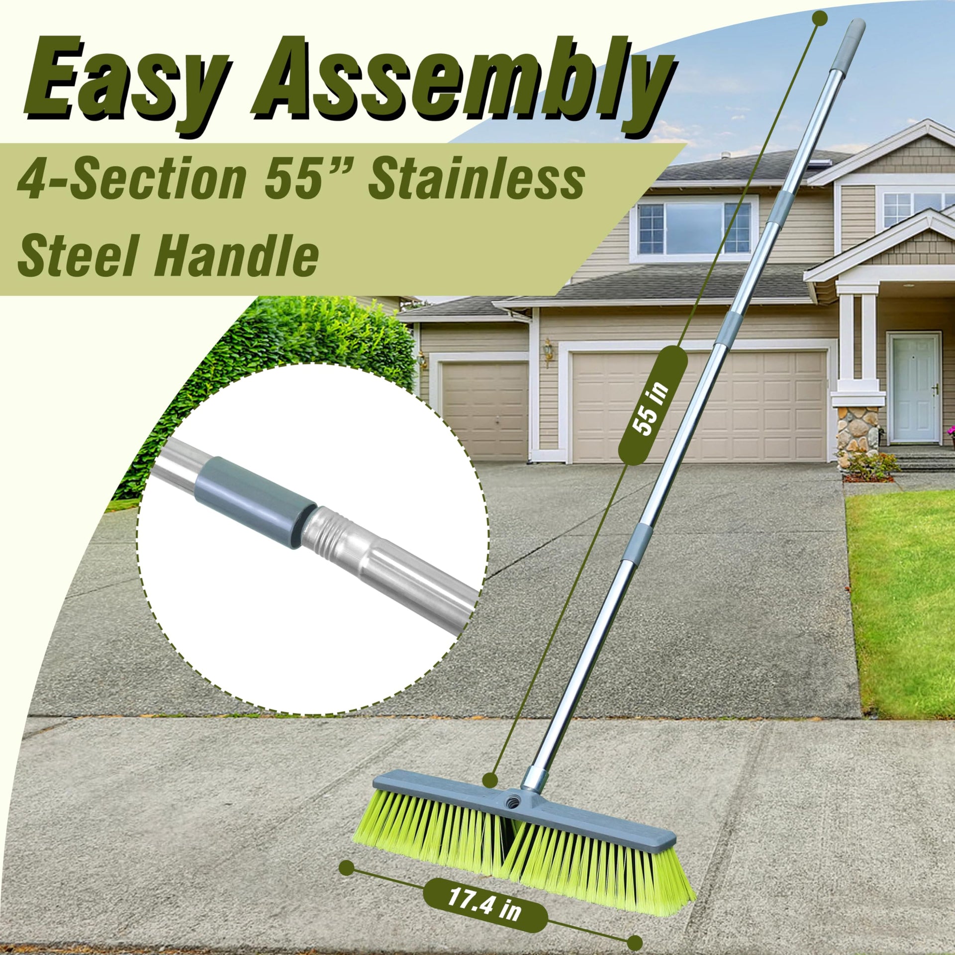 Upgraded 18" Push Broom with Adjustable Long Handle