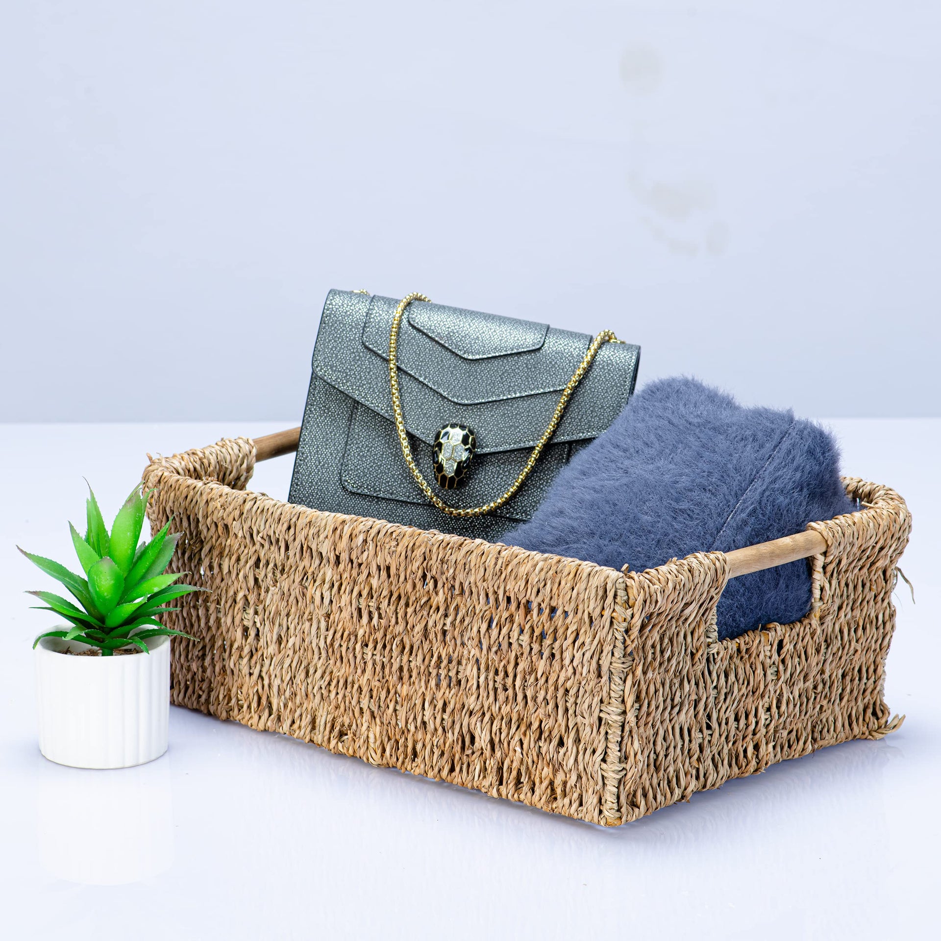 Large Natural Wicker Basket Rectangular with Wooden Handles