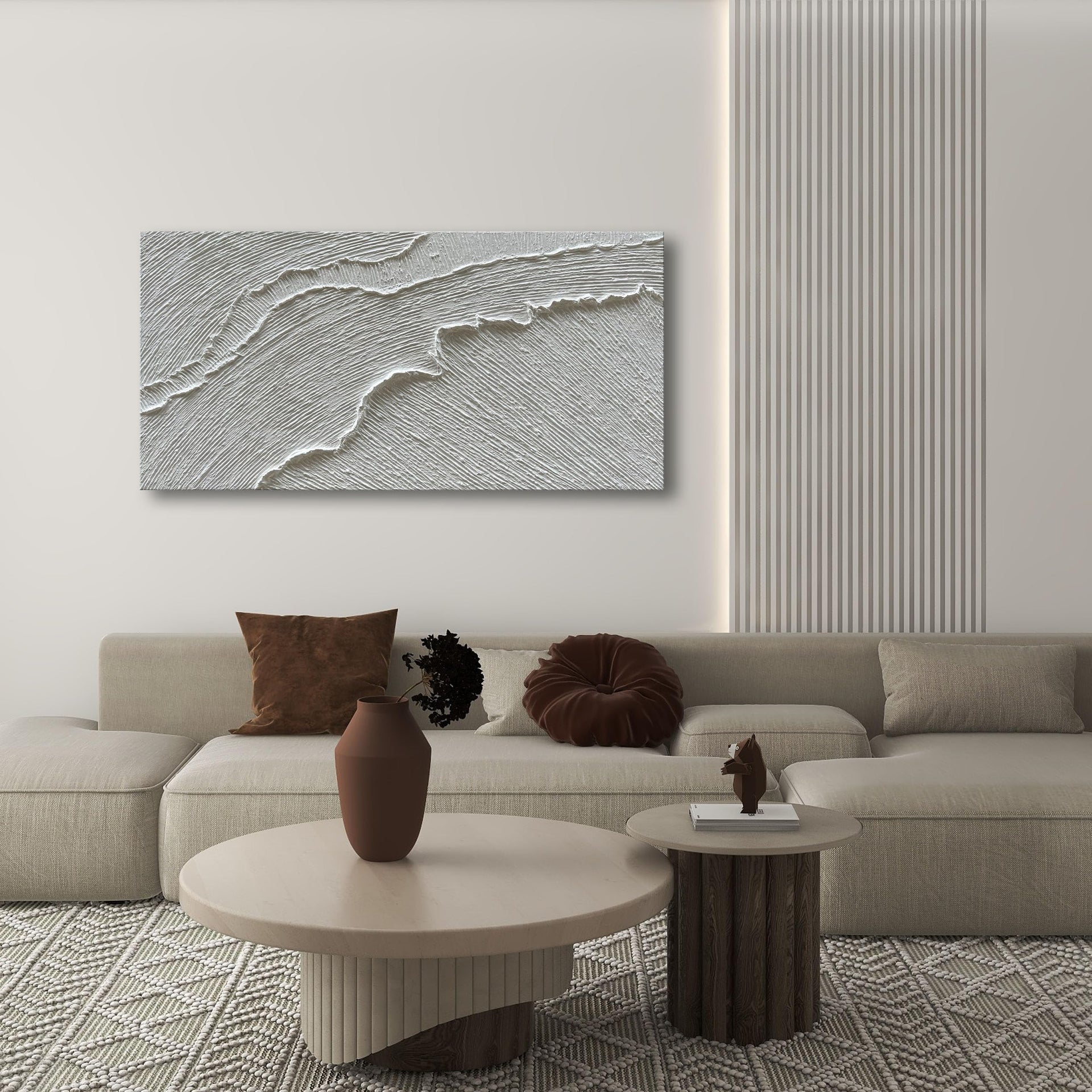 Art A thickly Textured White Abstract Oil Painting Depicting a Beach Wave Landscape. Artwork Suitable for Decorating The Interior Wall as a Decorative Piece 24x48 inches