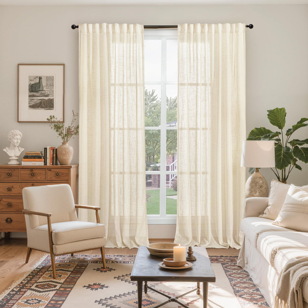 Beige Linen Semi Sheer Curtains 84 Inch Length for Living Room (2 Count)