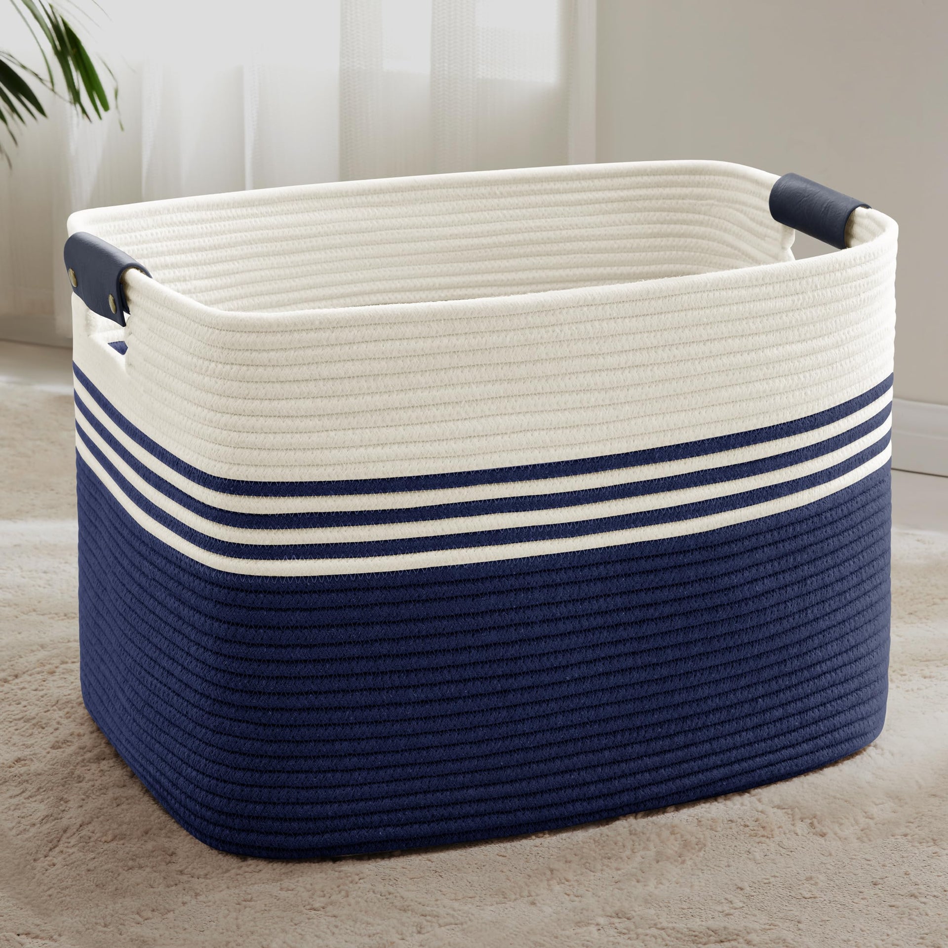 100L Large Woven Laundry Basket Hamper with Leather Handles