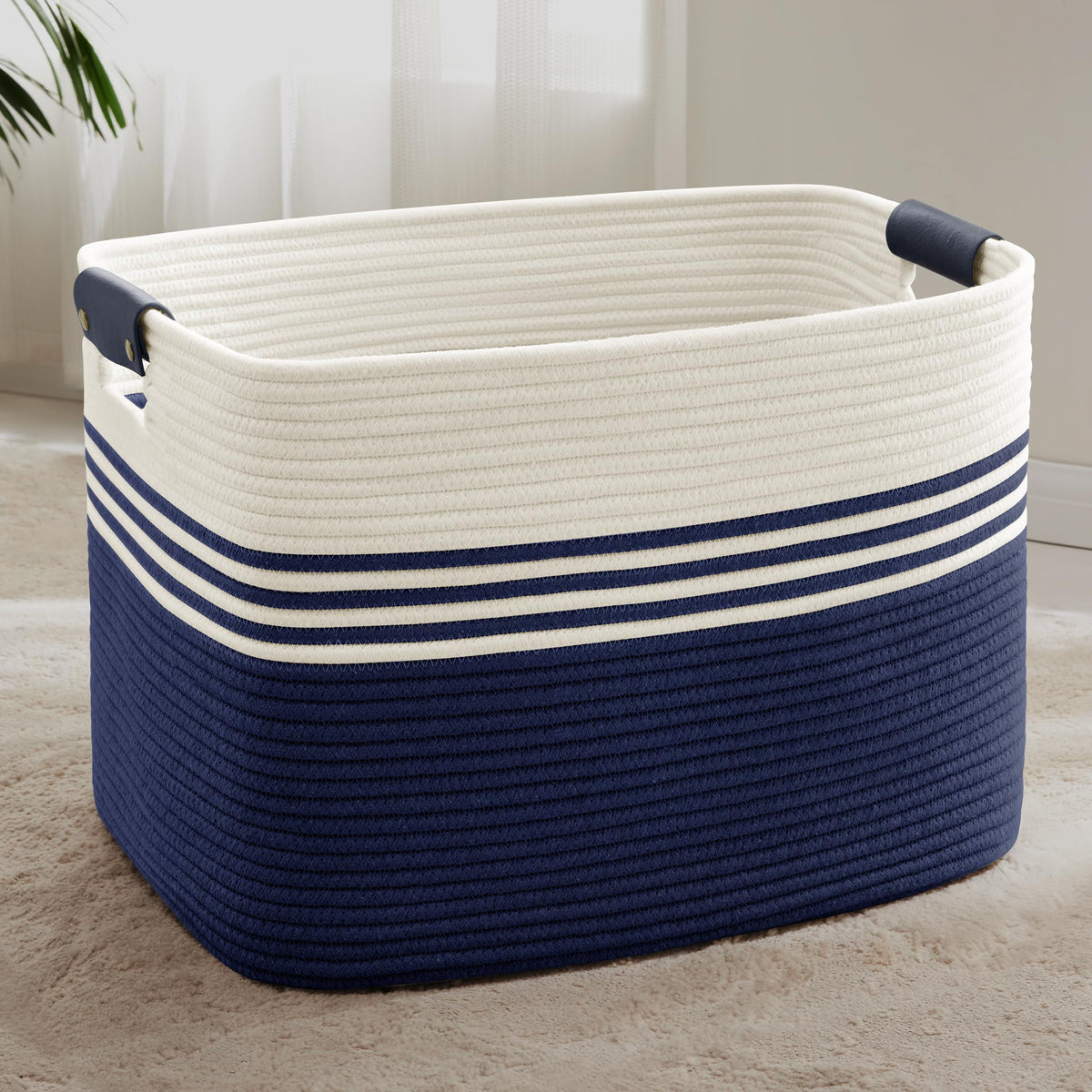 100L Large Woven Laundry Basket Hamper with Leather Handles