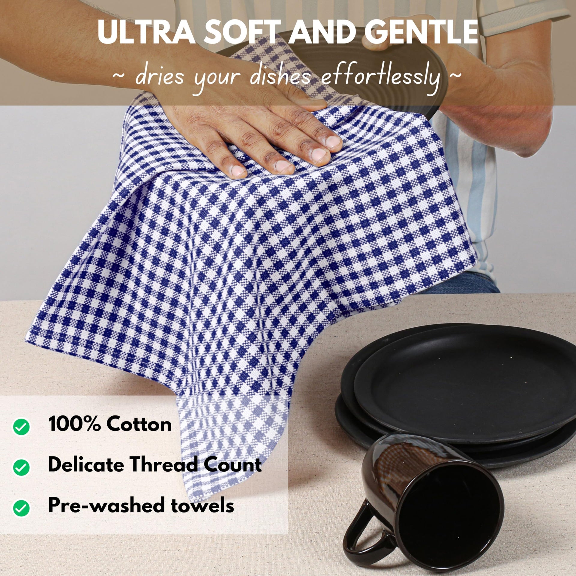 12 Pack Gingham Mini Check Kitchen Dish Towel Cotton Durable Washable 16"x26" (12 Count)