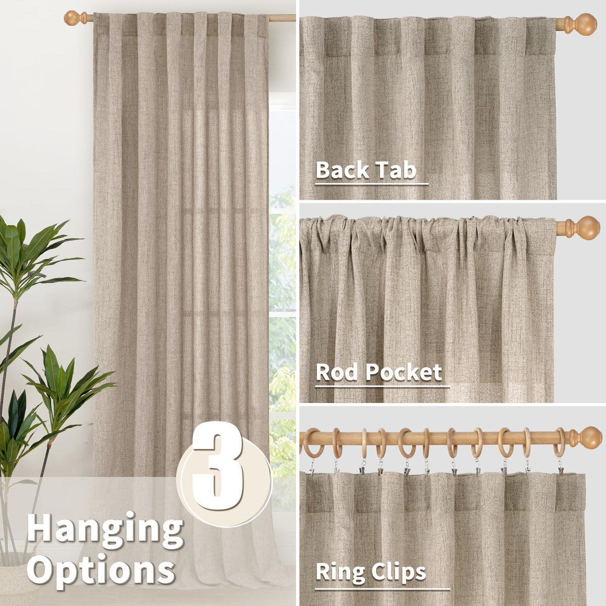 Dark Oatmeal Linen Semi Sheer Curtains 54 Inch Length Tan Drapes (2 Count)
