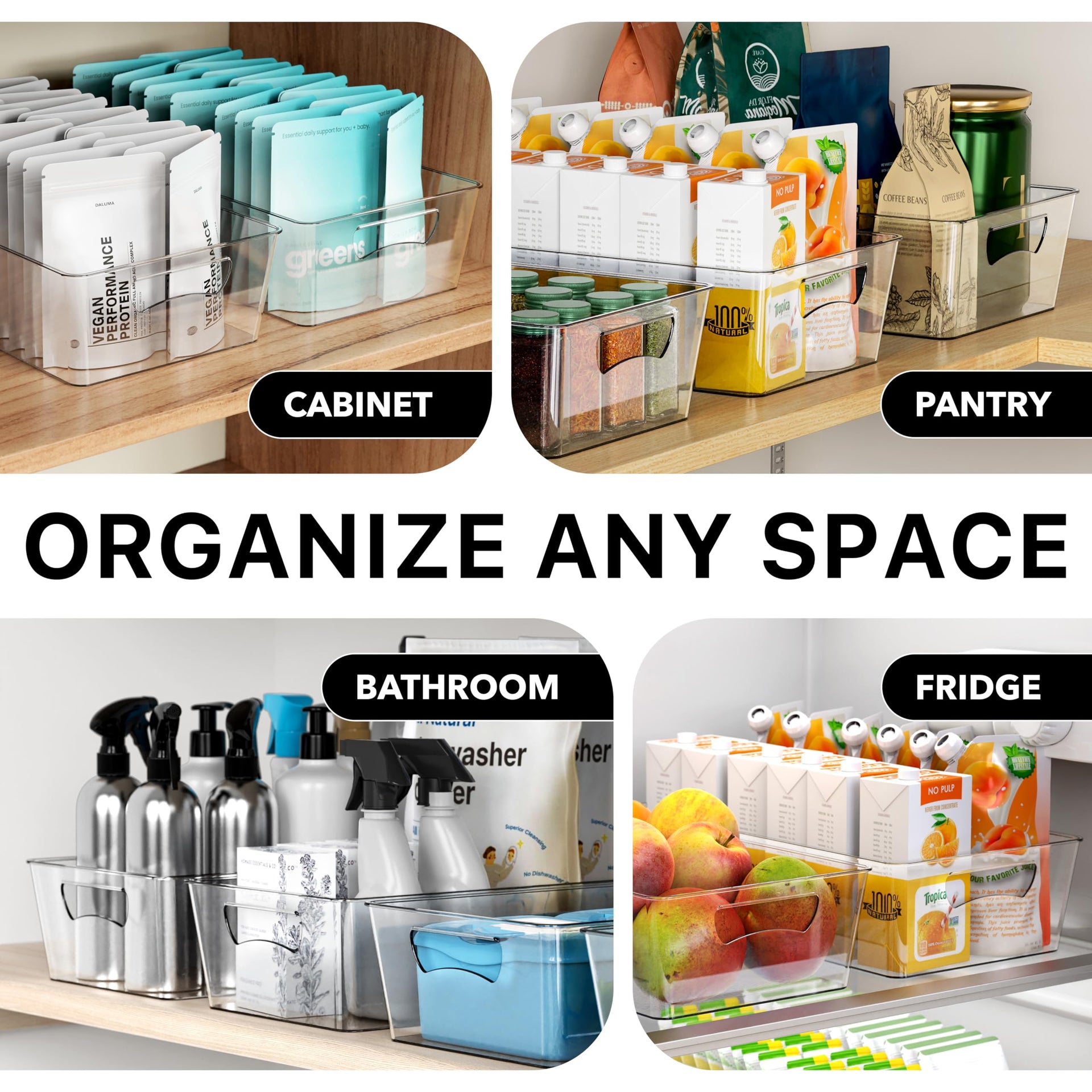 4 Pcs Kitchen Clear Bin Storage Organizer 15" x 8" x 3.75" (4 Count)