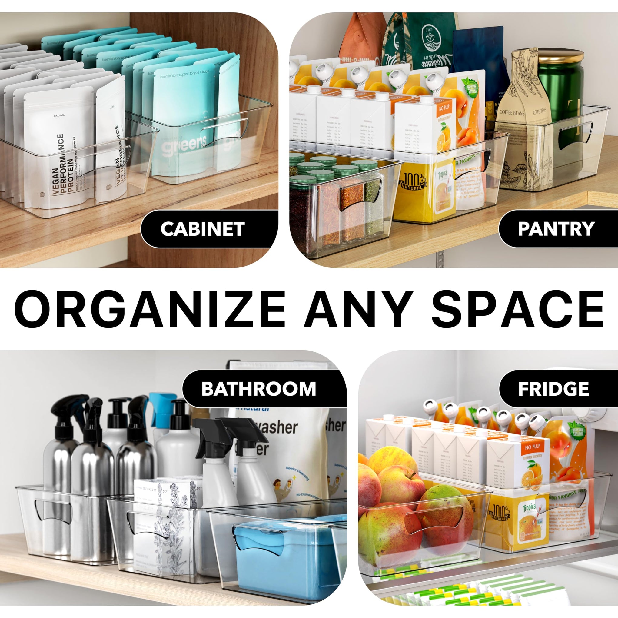4 Pcs Kitchen Clear Bin Storage Organizer 15" x 8" x 3.75" (4 Count)