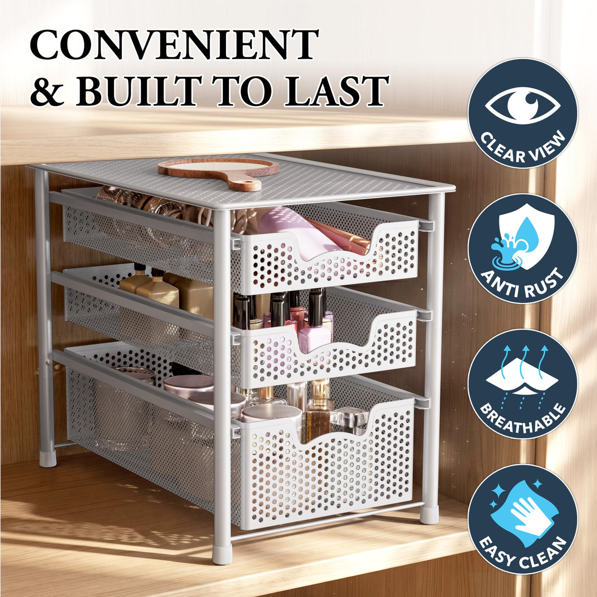 3 Tier White Alloy Steel Sliding Basket Organizer Drawer Cabinet