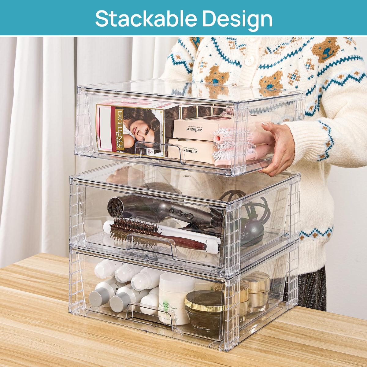 2 Pack Large Clear Stackable Storage Drawers for Closet (2 Count)