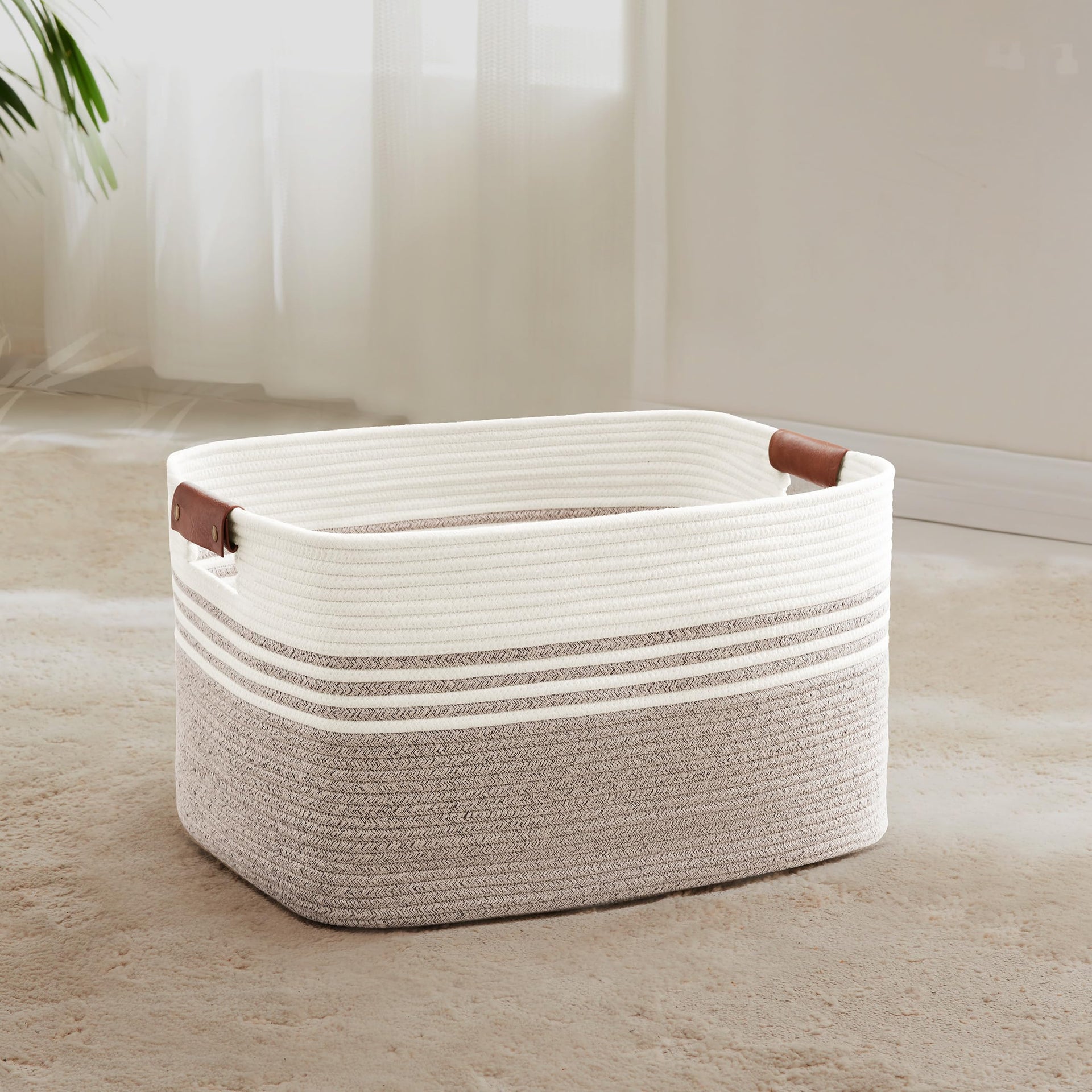 45L Small Woven Laundry Basket Hamper with Leather Handles - ModHome Supplies