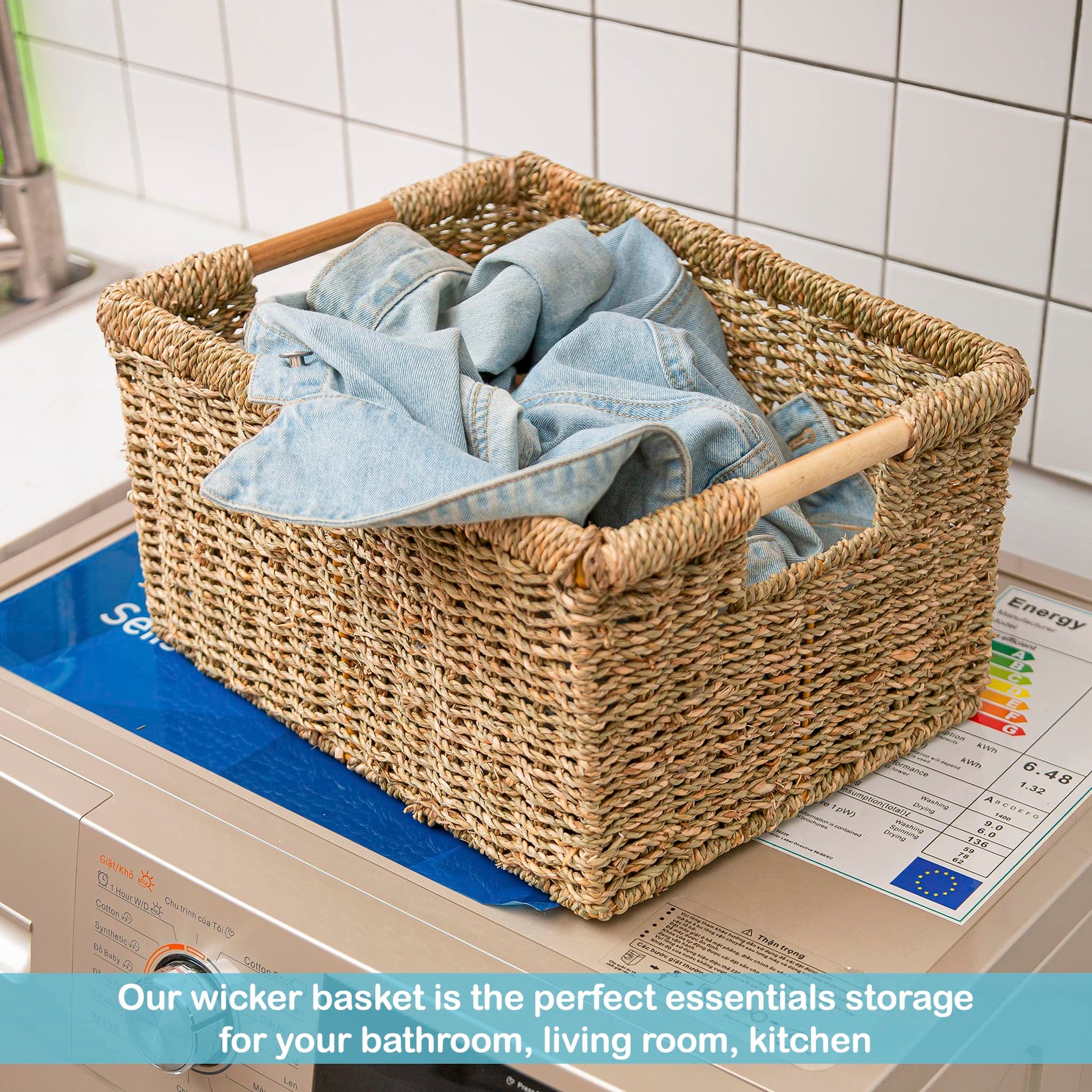 Large Wicker Basket Rectangular with Wooden Handles for Shelves (3 Count)