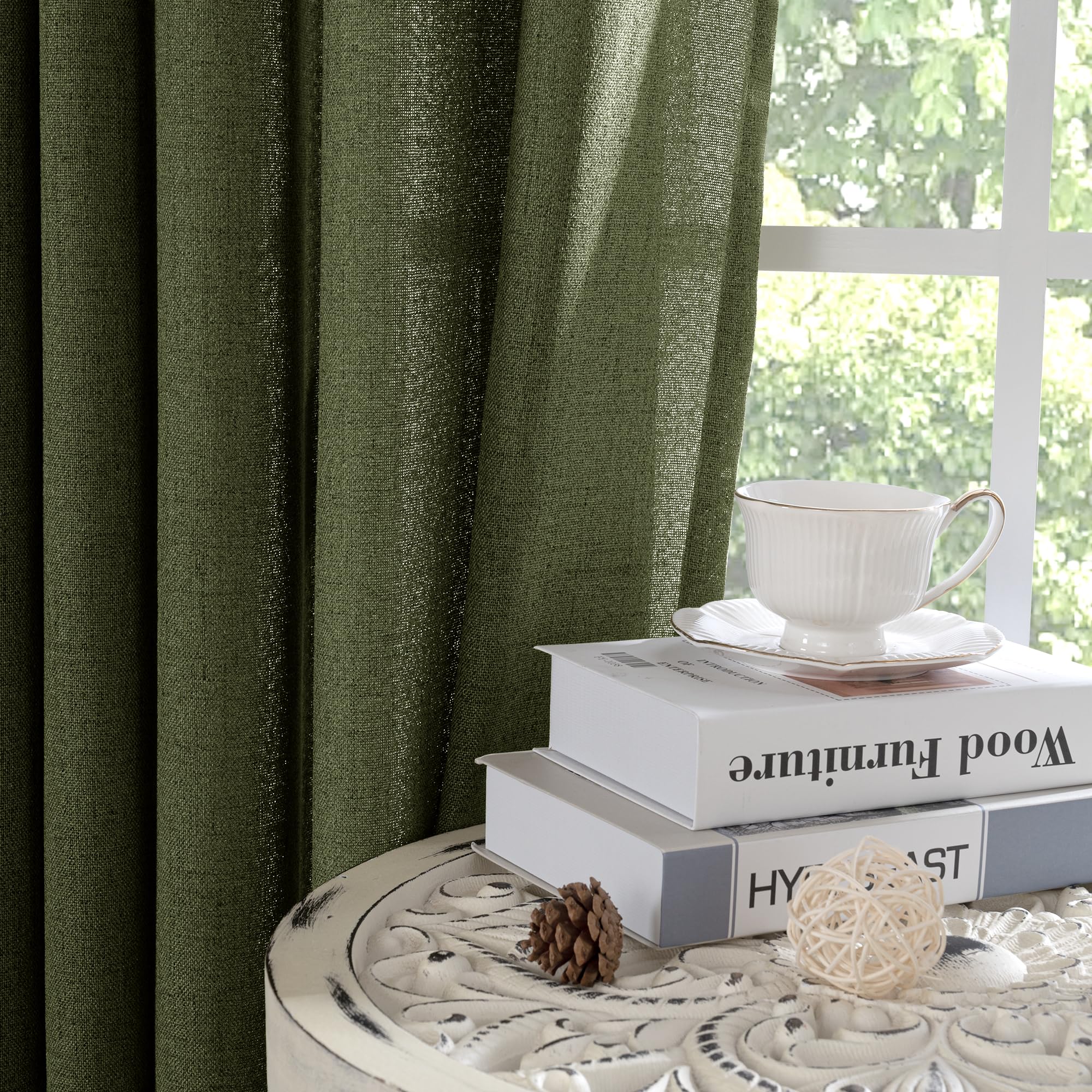 Olive Green Linen Curtains 78 Inch Length for Living Room (2 Count)