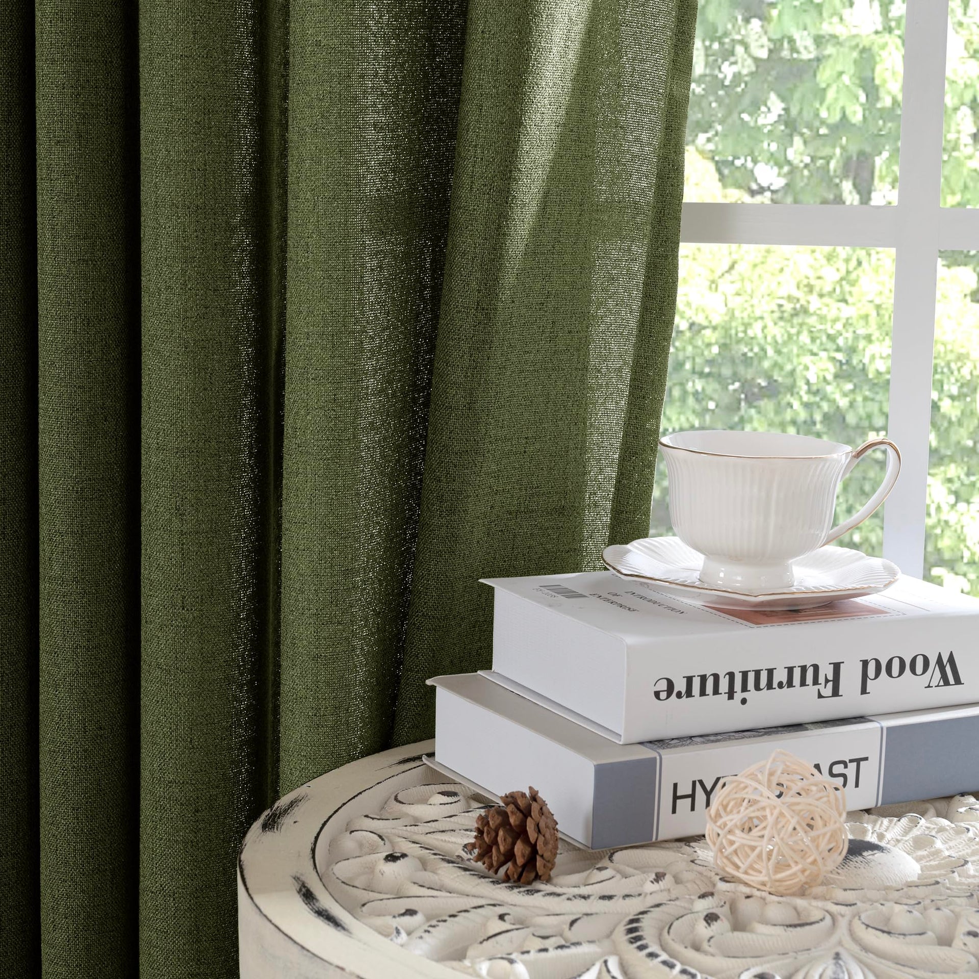 Olive Green Linen Semi Sheer Curtains 72 Inch Length for Living Room (2 Count)