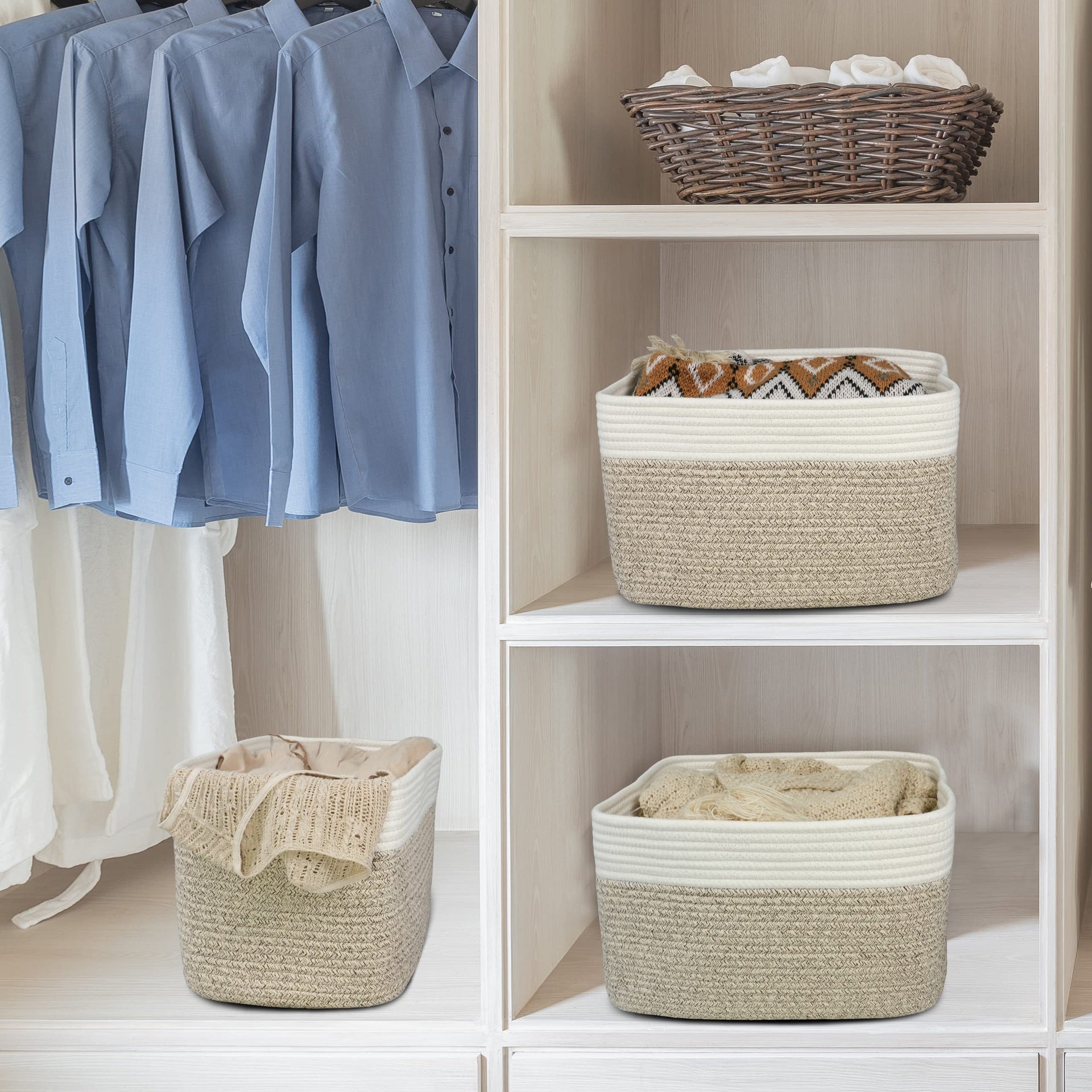 Woven Cotton Rope Storage Baskets 15x10x9.3" 3 Pack White and Brown