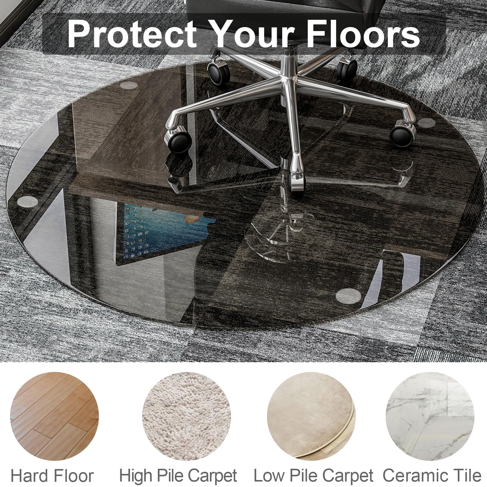 46" x 46" Round Tempered Glass Chair Mat for Carpet & Hardwood