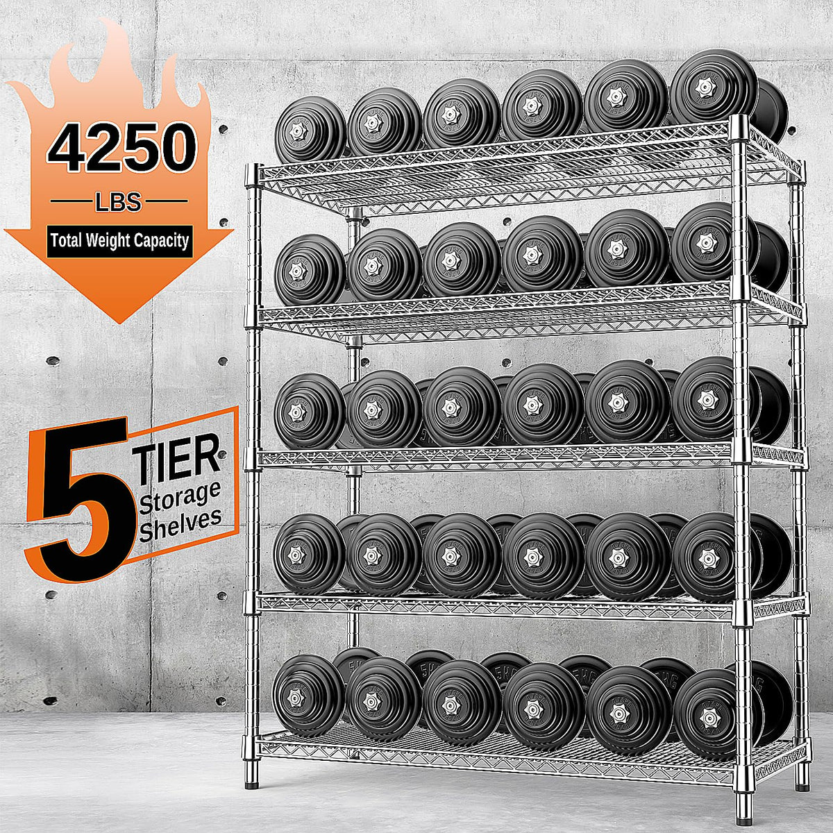4250 LBS Garage Shelving Wide Storage Shelves 5 Tier Metal Shelves Heavy Duty Adjustable Utility Shelf Rack Chrome 17.7" D x 47.2" W x 70.4" H (5 Count)